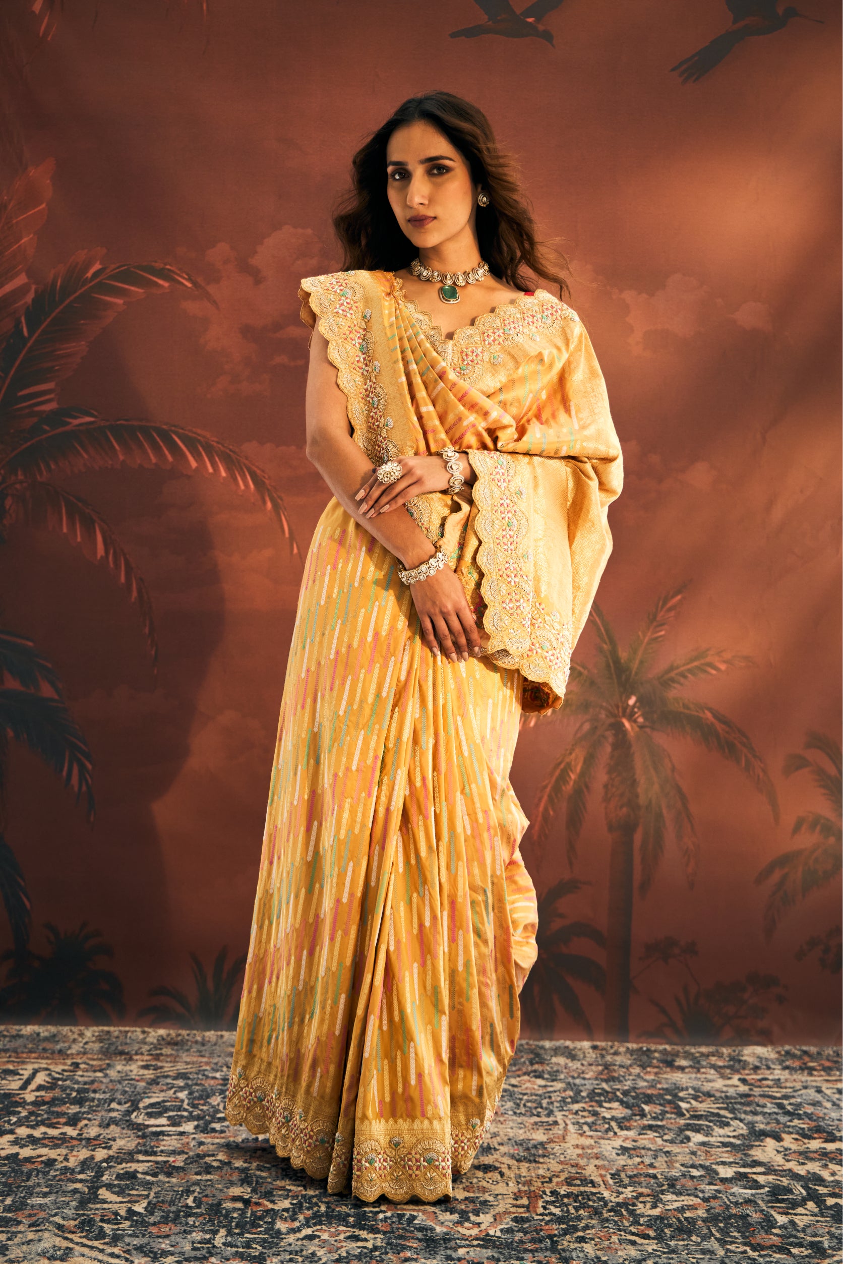 Yellow Banarasi Silk Saree with Dabka and Resham Work - Adira - House of Surya