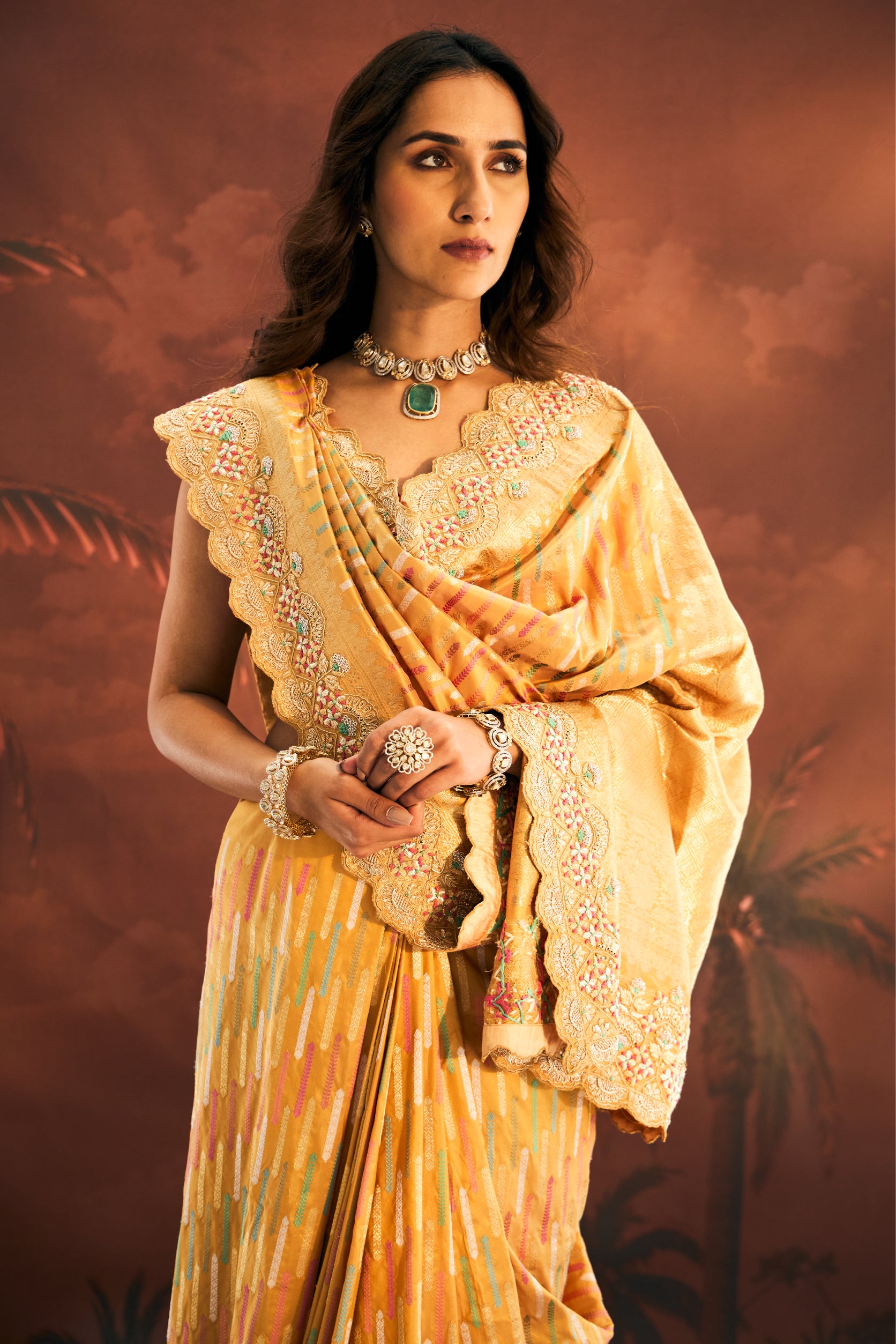 Yellow Banarasi Silk Saree with Dabka and Resham Work - Adira - House of Surya