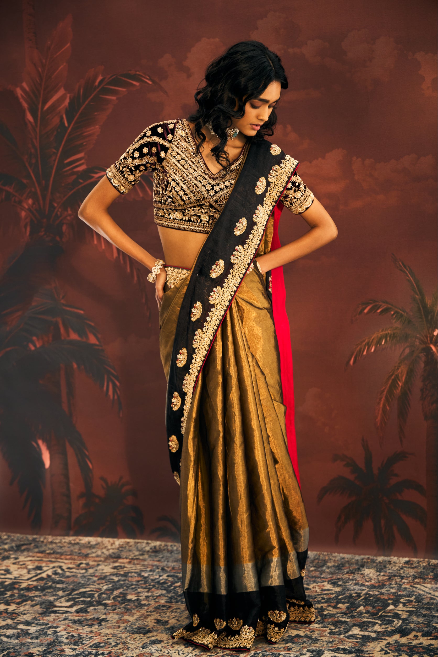 Black Golden Tissue Saree with Dabka Embroidery - Adira - House of Surya