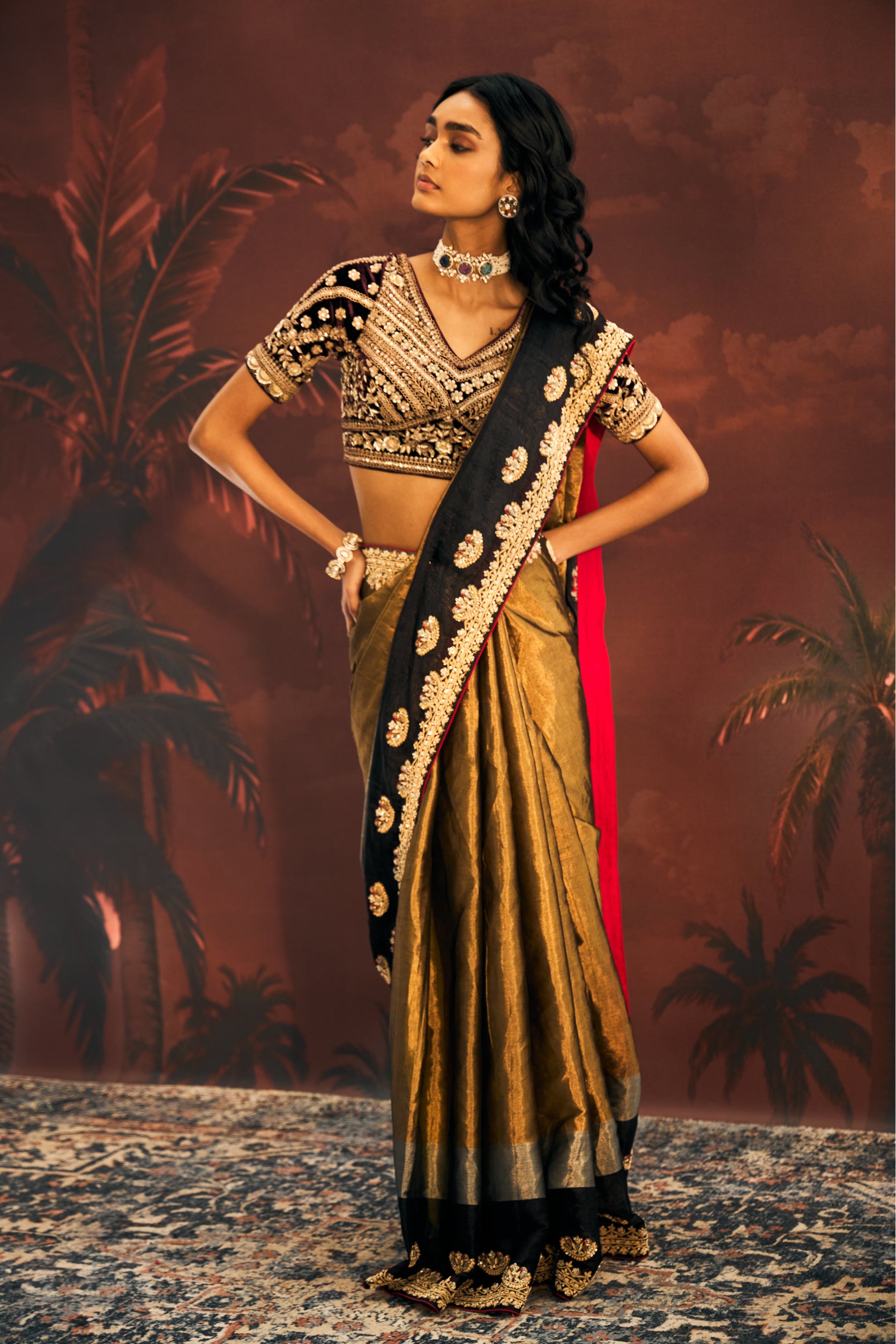 Black Golden Tissue Saree with Dabka Embroidery - Adira - House of Surya