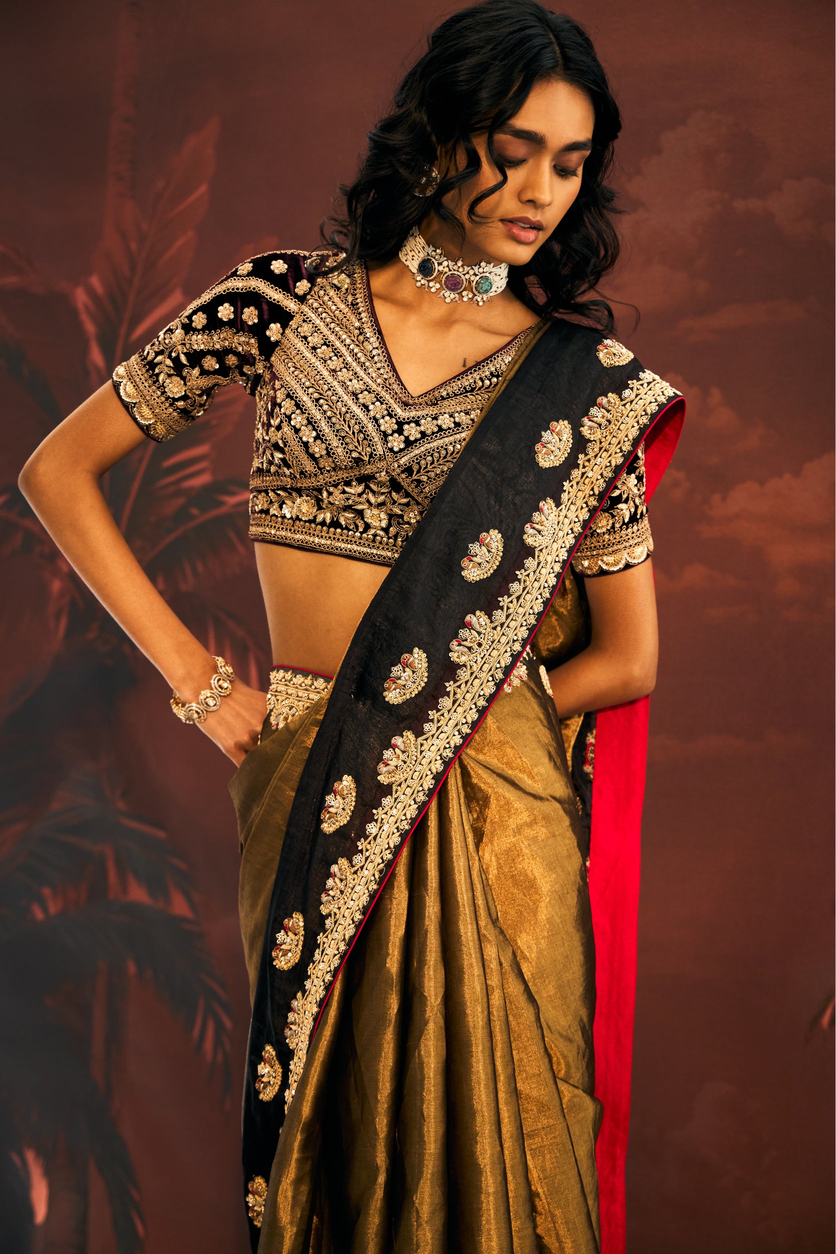 Black Golden Tissue Saree with Dabka Embroidery - Adira - House of Surya