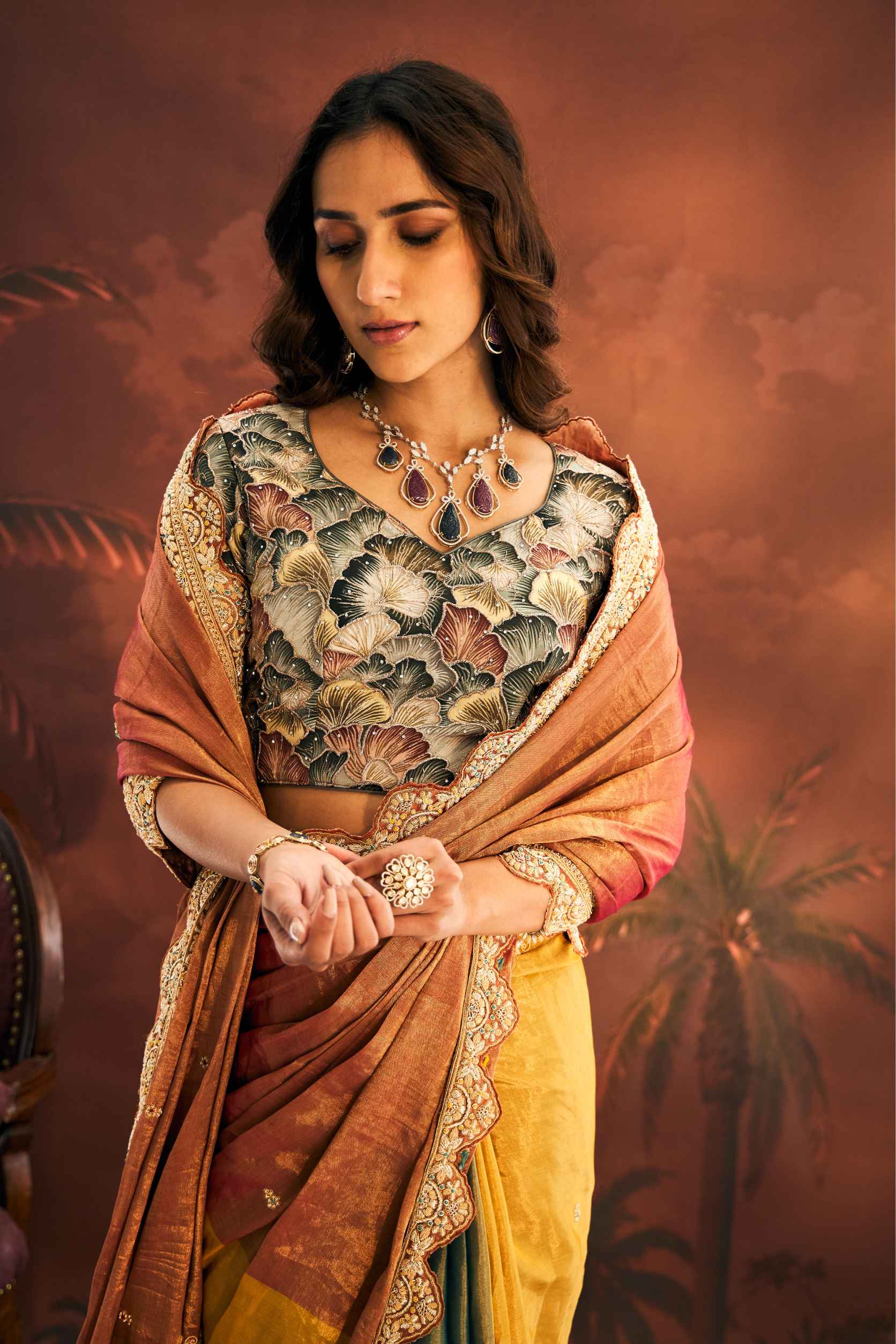 Rust Tissue Saree with Dabka Embroidery - Adira - House of Surya