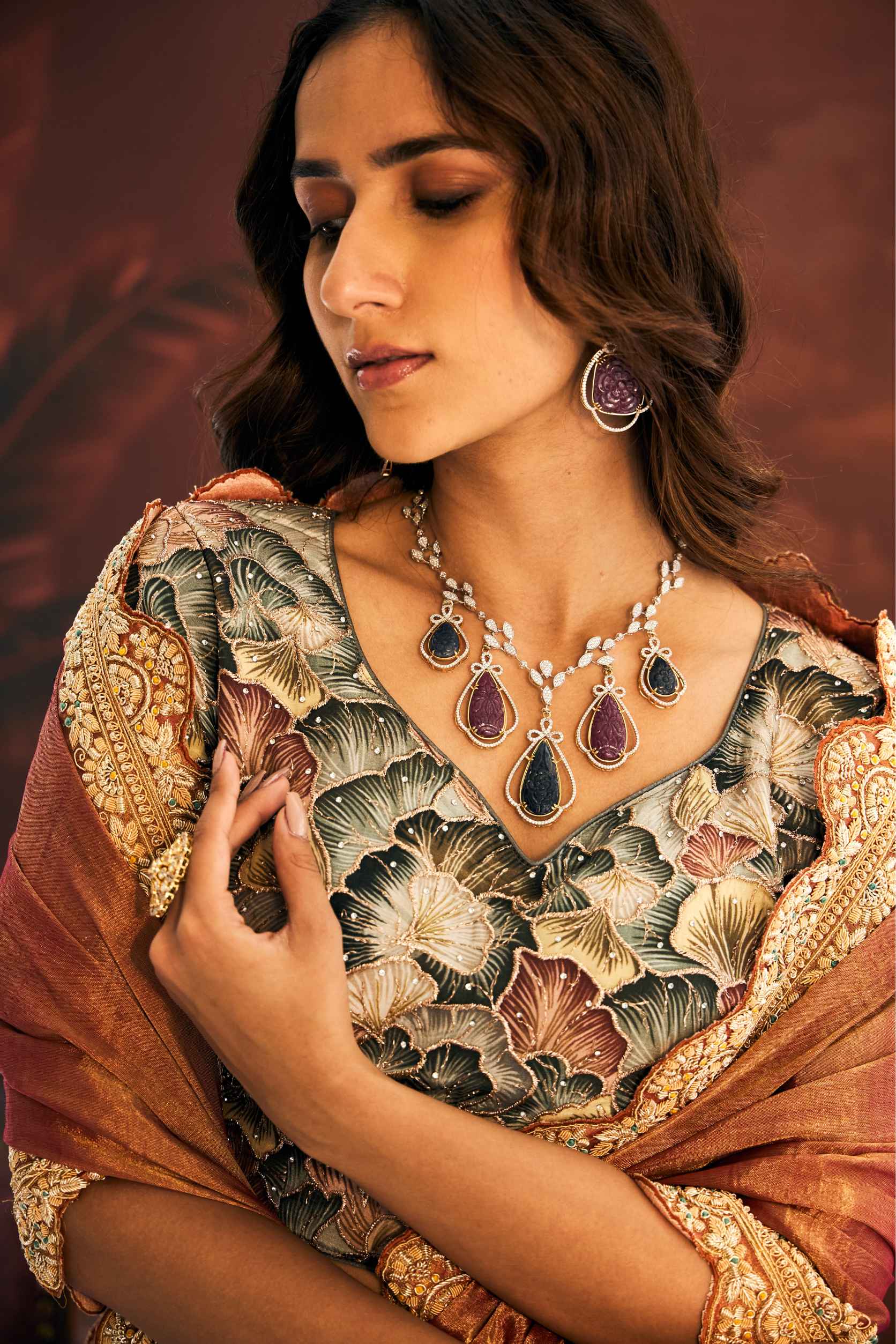 Rust Tissue Saree with Dabka Embroidery - Adira - House of Surya