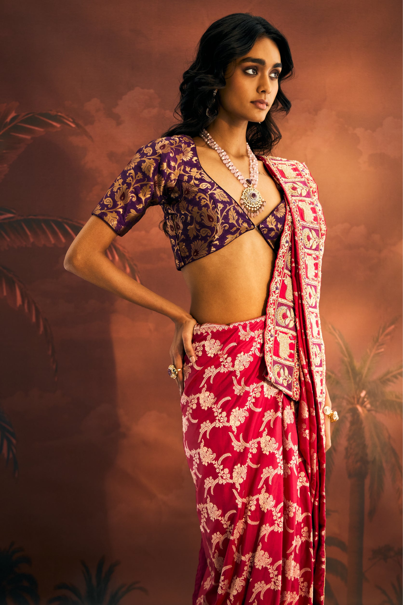 Hot Pink Silk Saree with Dabka Embroidery - Adira - House of Surya