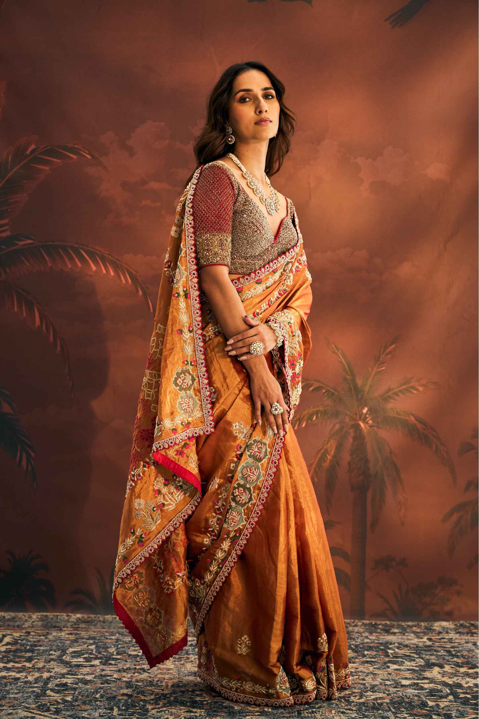 Rust Tissue Saree with Dabka and Silk Work - Adira - House of Surya