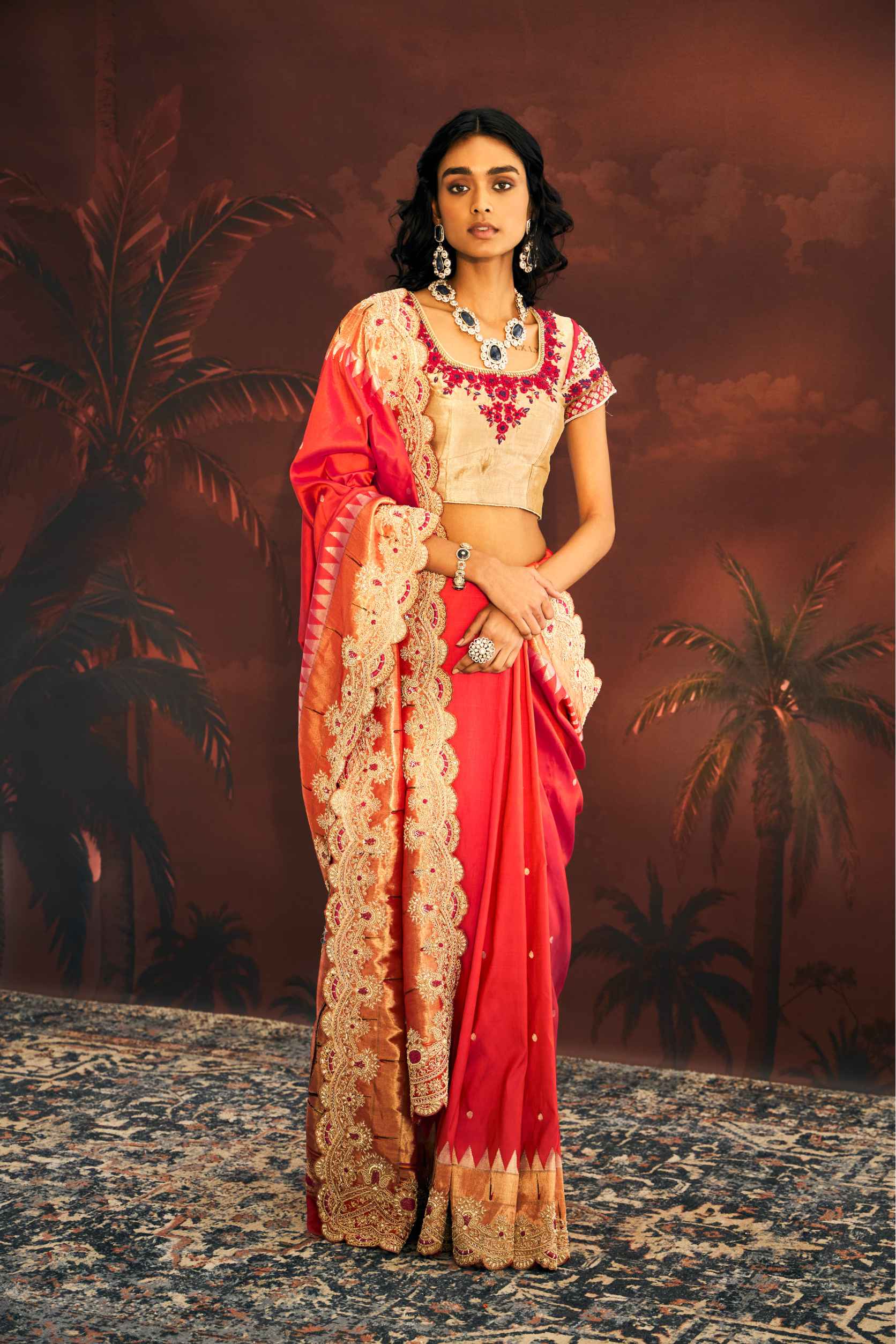 Orange Tissue Saree with Dabka and Resham Work - Adira - House of Surya