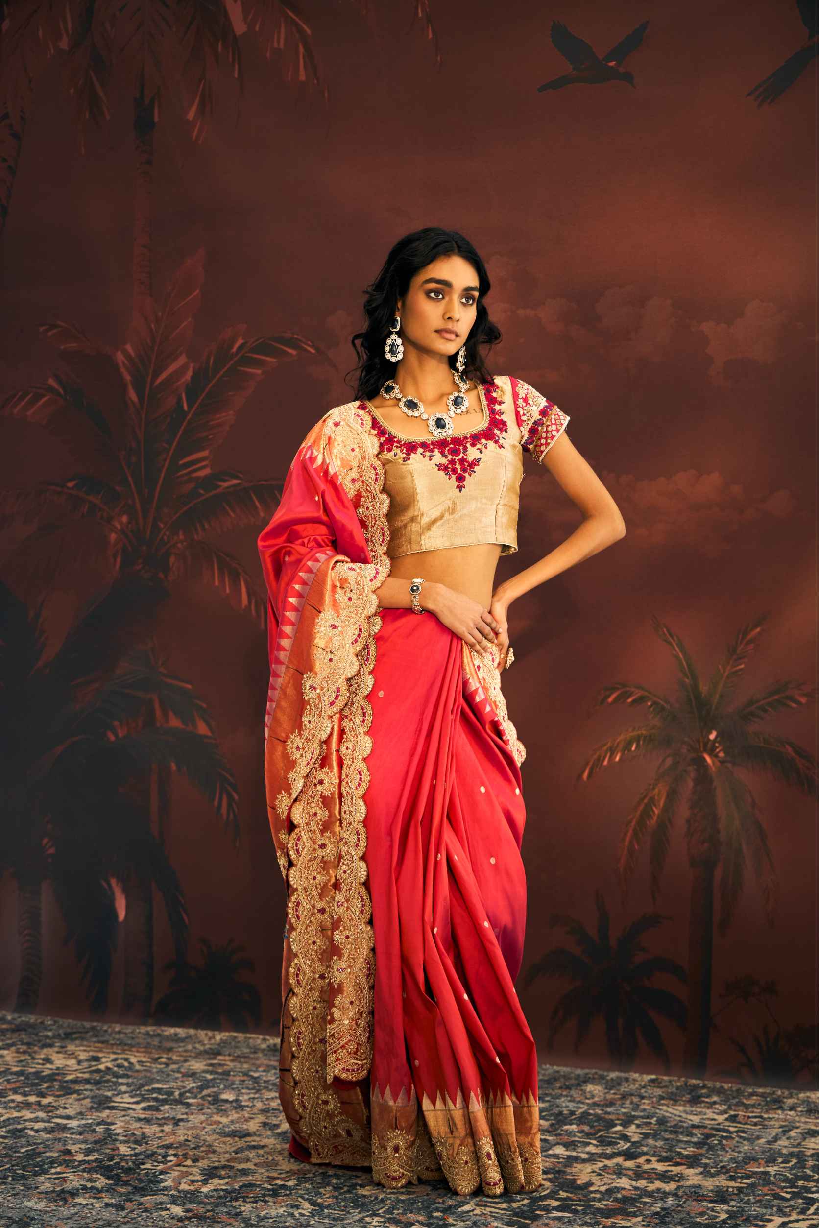 Orange Tissue Saree with Dabka and Resham Work - Adira - House of Surya