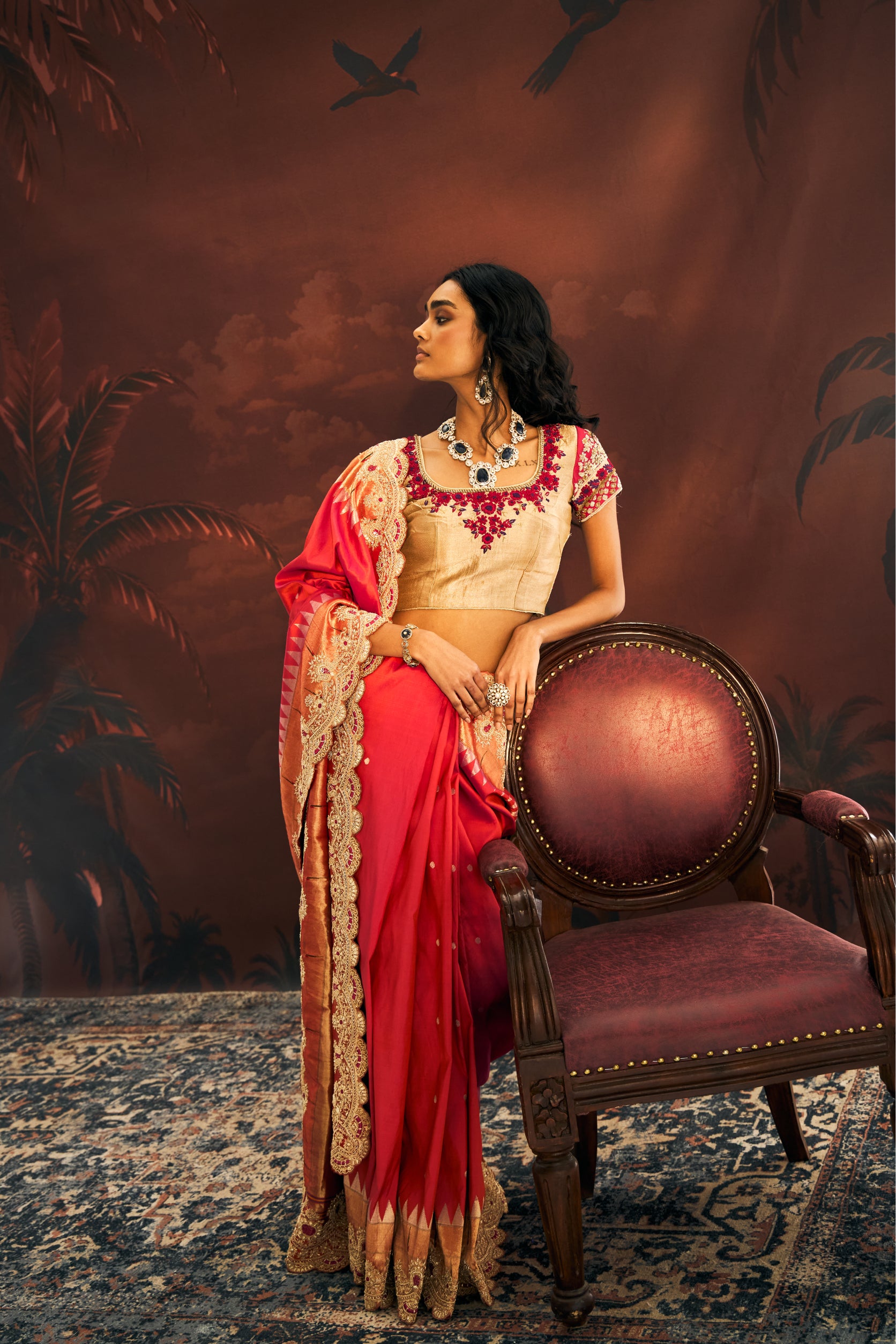 Orange Tissue Saree with Dabka and Resham Work - Adira - House of Surya