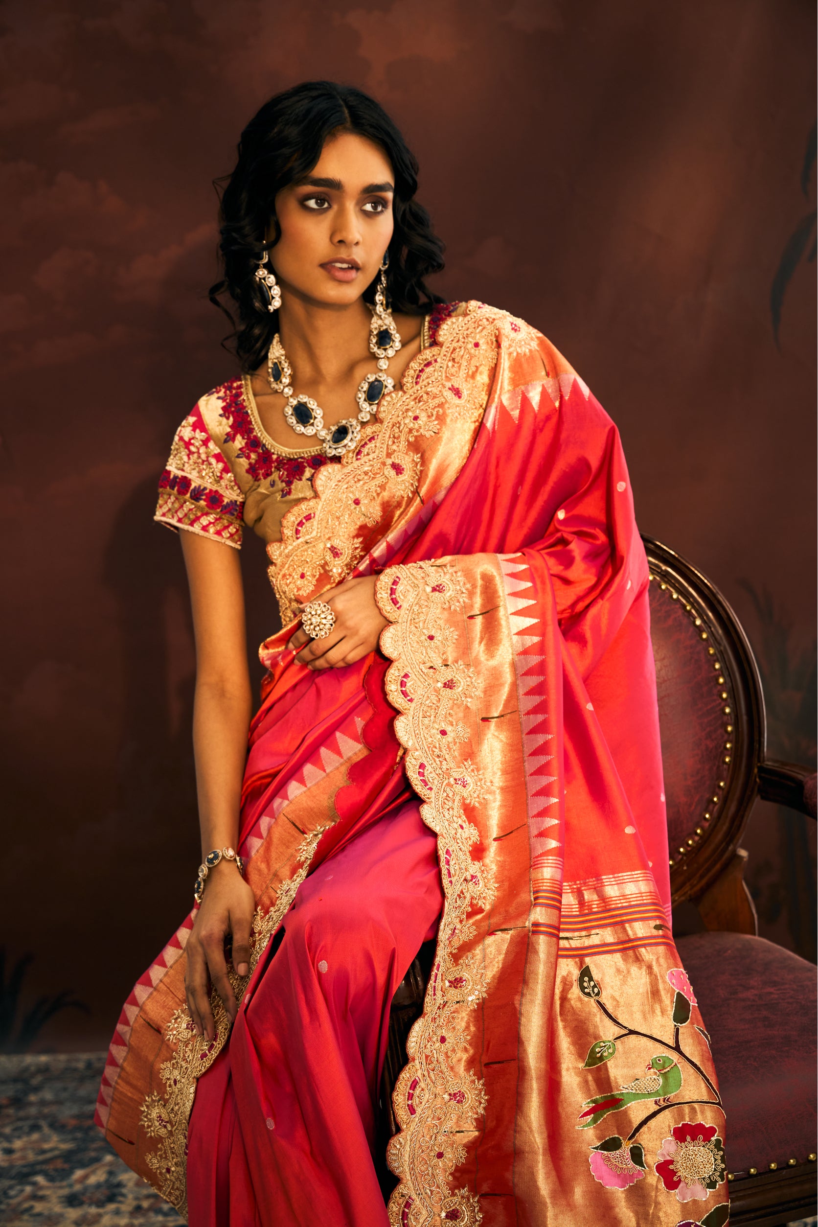 Orange Tissue Saree with Dabka and Resham Work - Adira - House of Surya
