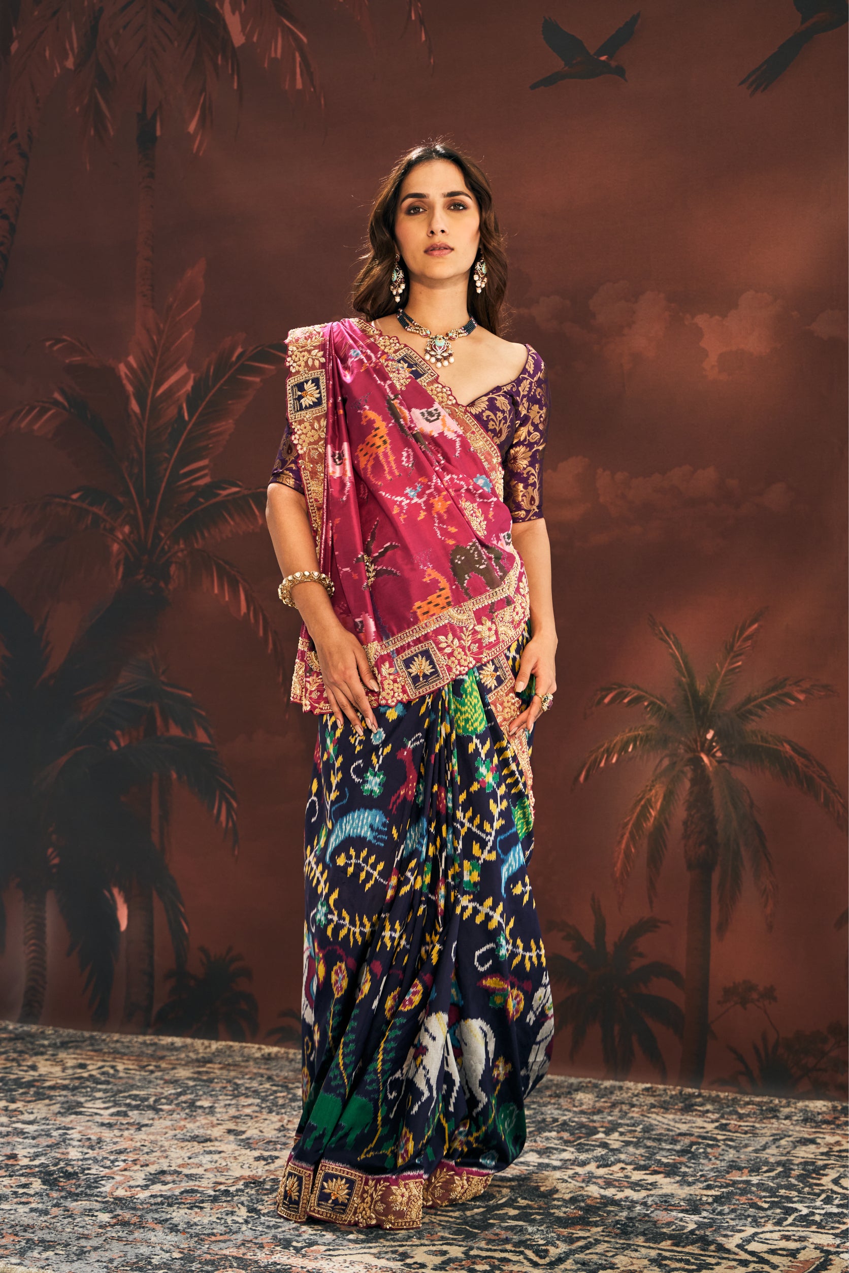 Black and Magenta Kanjivaram Silk Saree with Dabka Embroidery - Adira - House of Surya