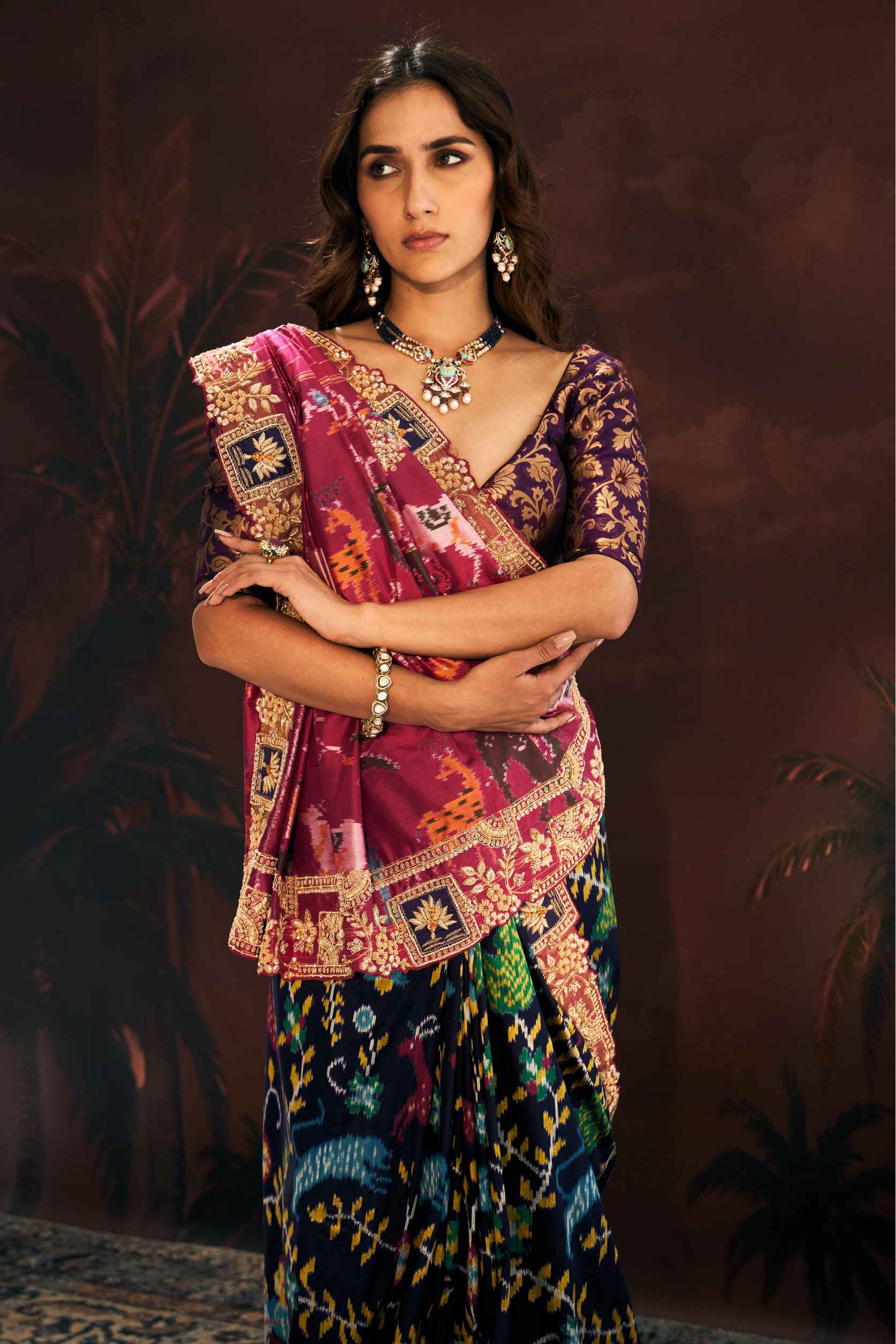 Black and Magenta Kanjivaram Silk Saree with Dabka Embroidery - Adira - House of Surya