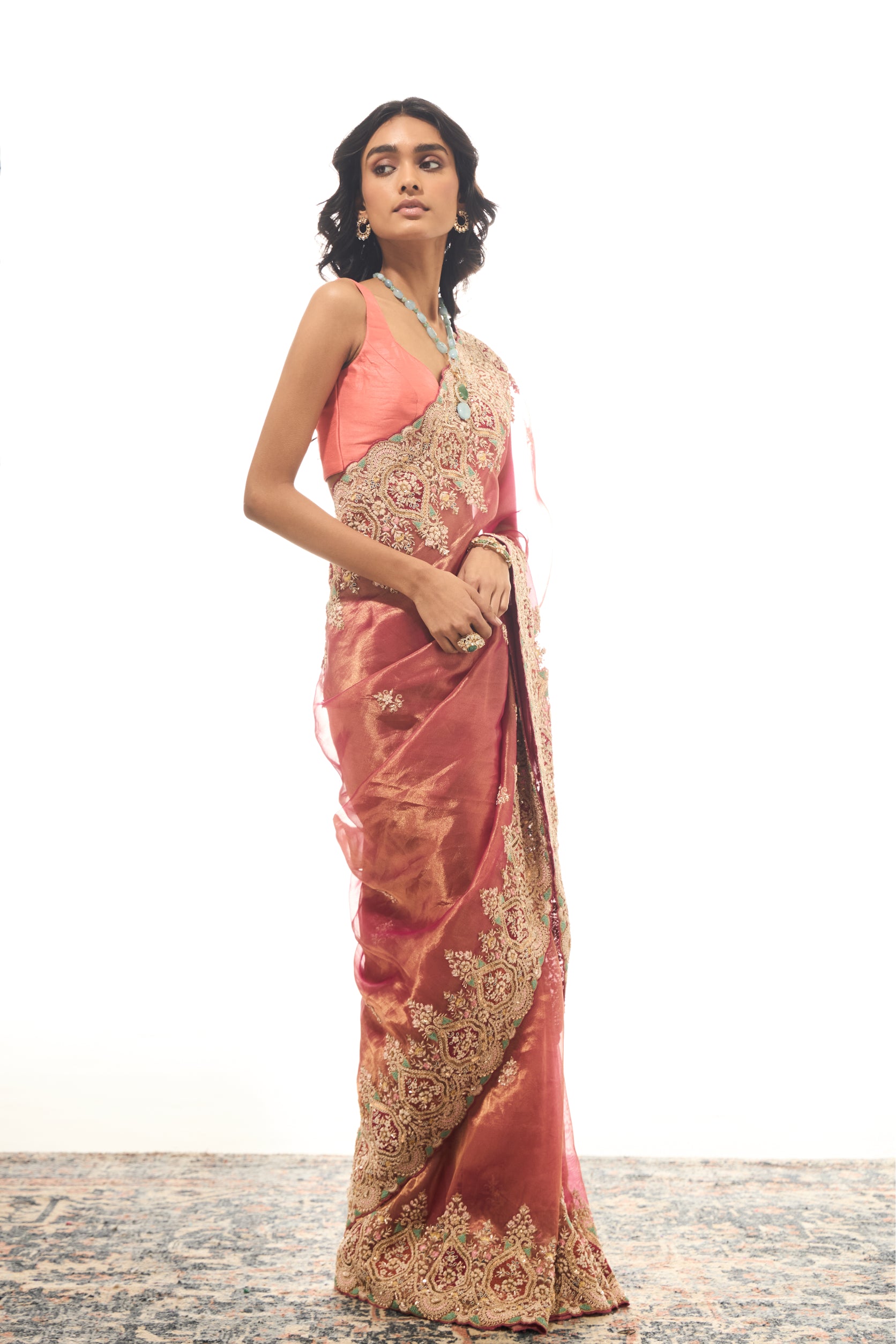 Rust Organza Saree with Dabka and Resham Dori Embroidery - Adira - House of Surya