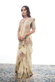 Cream Banarasi Silk Saree with Dabka and Resham Handwork - Adira - House of Surya