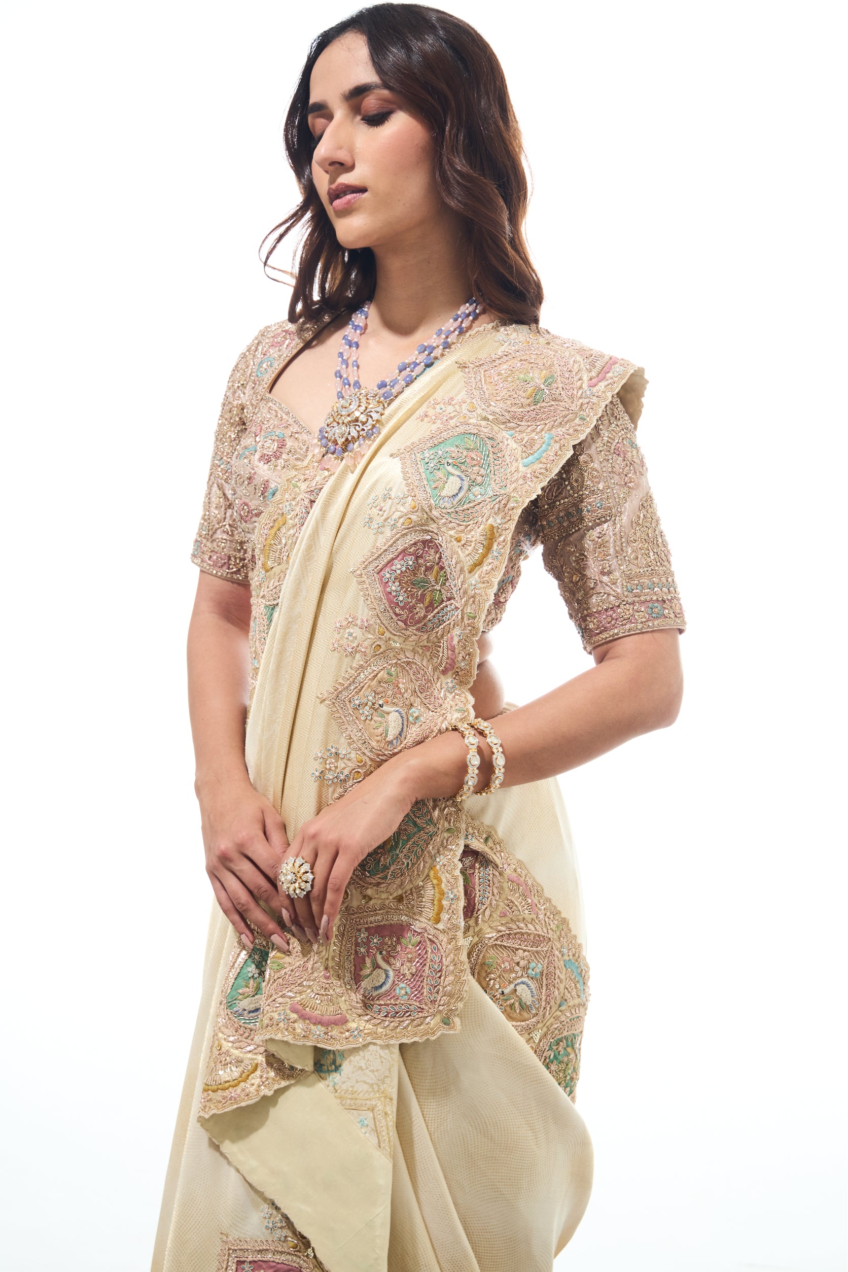 Cream Banarasi Silk Saree with Dabka and Resham Handwork - Adira - House of Surya