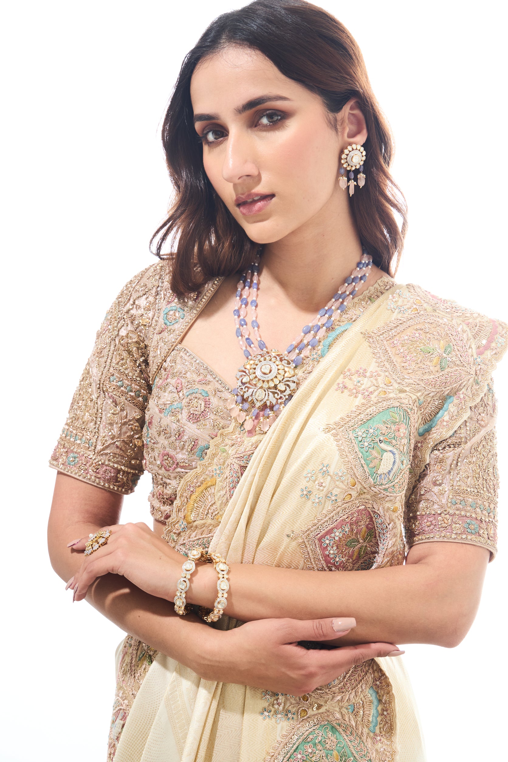 Cream Banarasi Silk Saree with Dabka and Resham Handwork - Adira - House of Surya