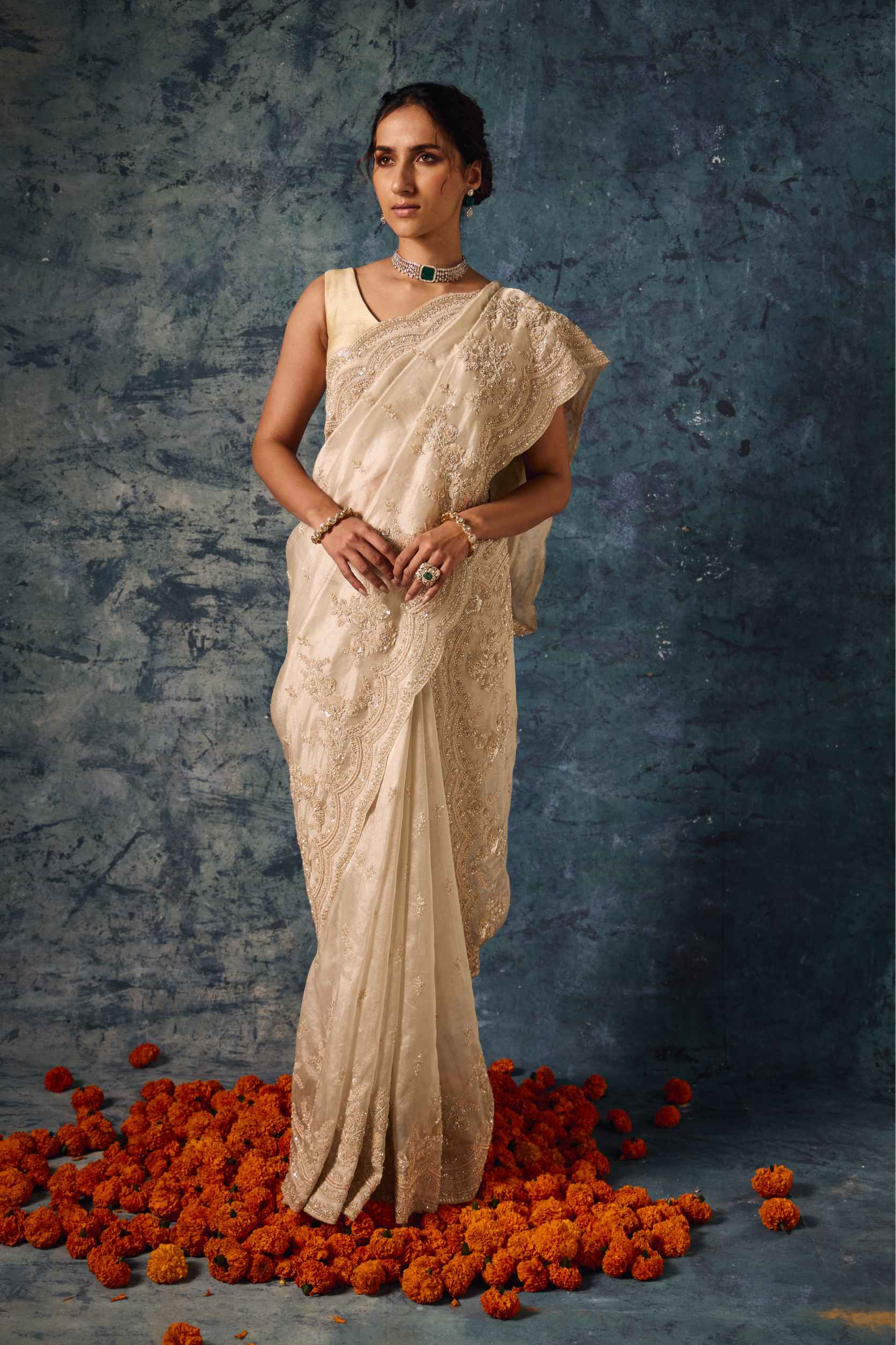 Champagne Gold Tissue Saree with Dabka and Zardozi Work - Adira - House of Surya