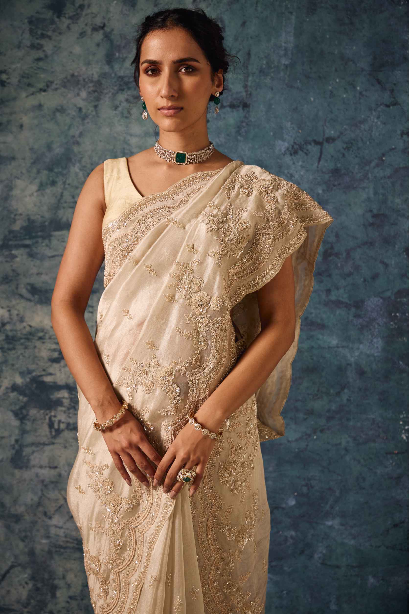 Champagne Gold Tissue Saree with Dabka and Zardozi Work - Adira - House of Surya
