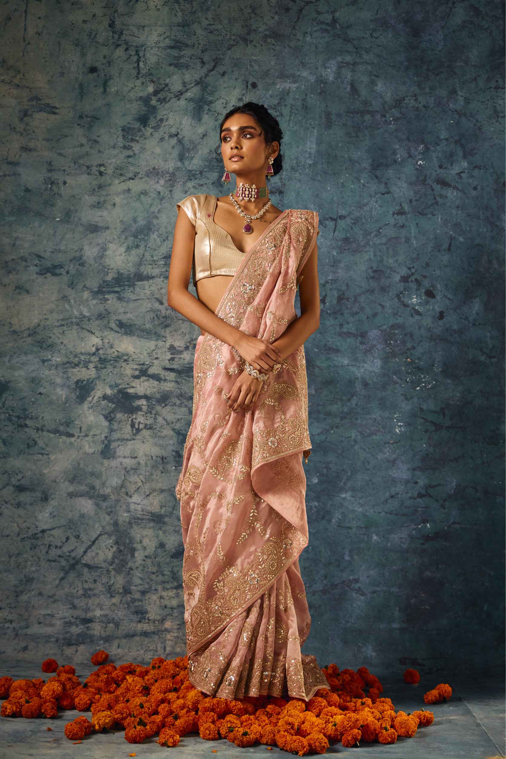 Light Pink Tissue Organza Saree with Zardozi, Gota Patti & Pearl Embroidery - Adira - House of Surya