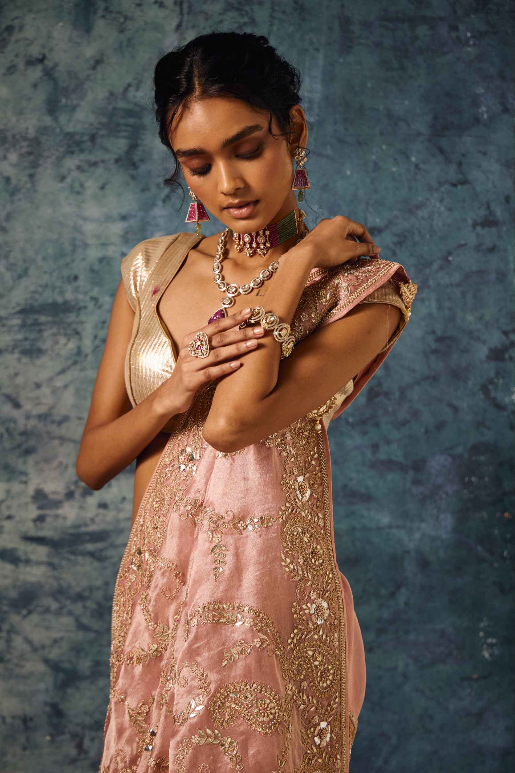 Light Pink Tissue Organza Saree with Zardozi, Gota Patti & Pearl Embroidery - Adira - House of Surya