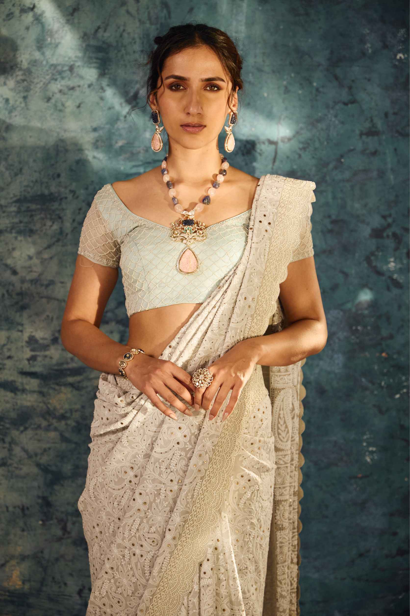 Grey Georgette Saree with Full Kantha and Cutdana Work - Adira - House of Surya