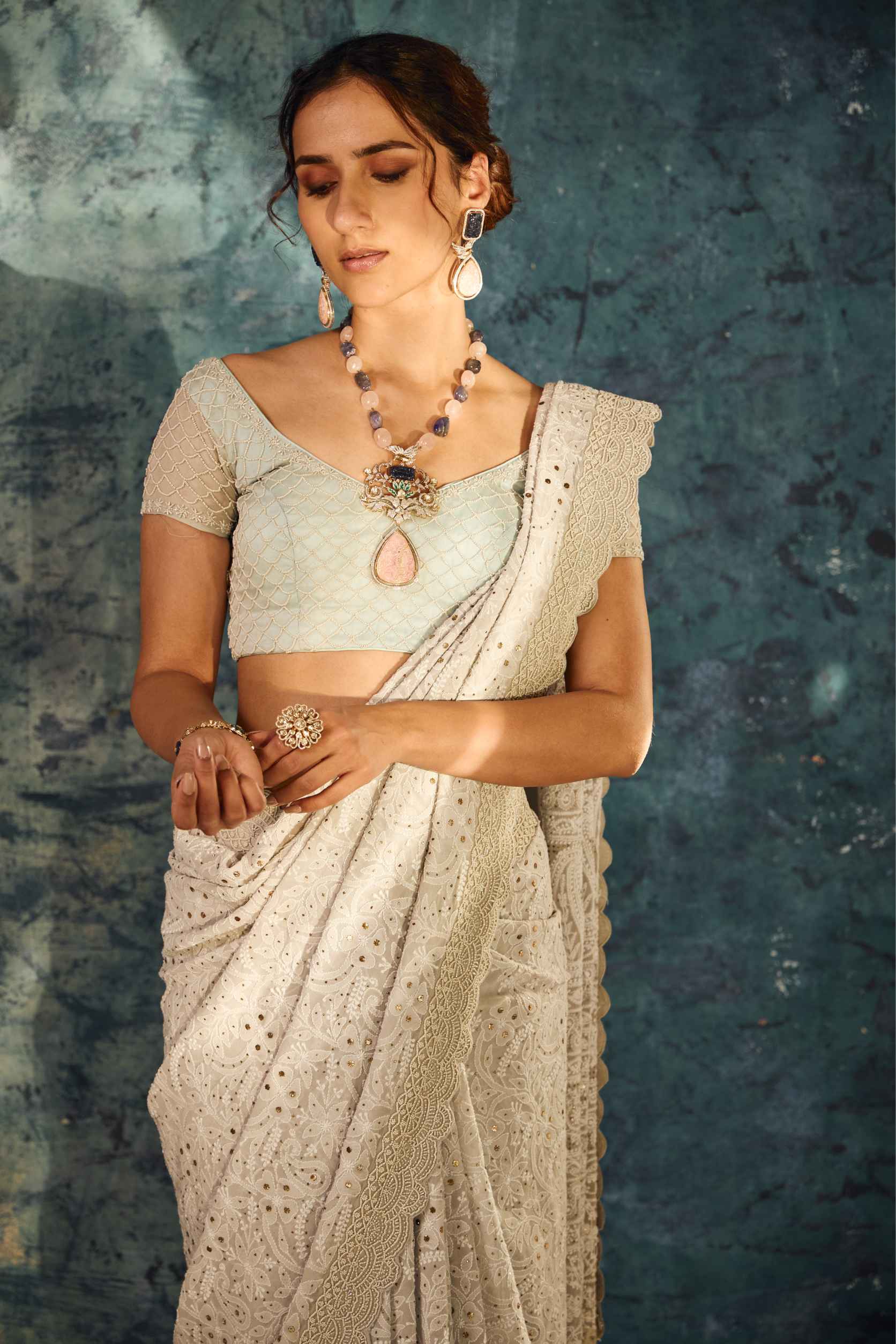 Grey Georgette Saree with Full Kantha and Cutdana Work - Adira - House of Surya