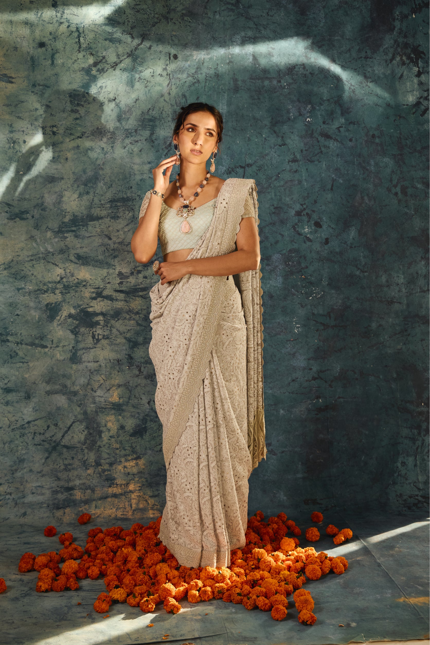 Grey Georgette Saree with Full Kantha and Cutdana Work - Adira - House of Surya