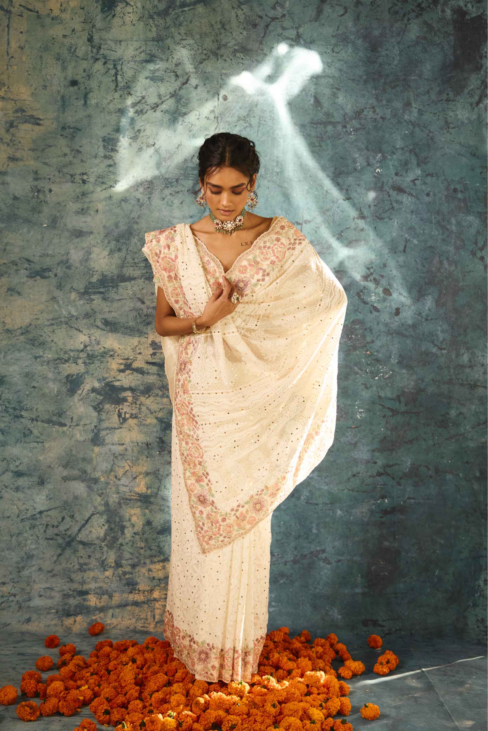 Cream Georgette Saree with Kantha and Full Cutdana Embroidery - Adira - House of Surya