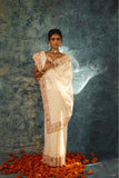 Cream Georgette Saree with Kantha and Full Cutdana Embroidery - Adira - House of Surya