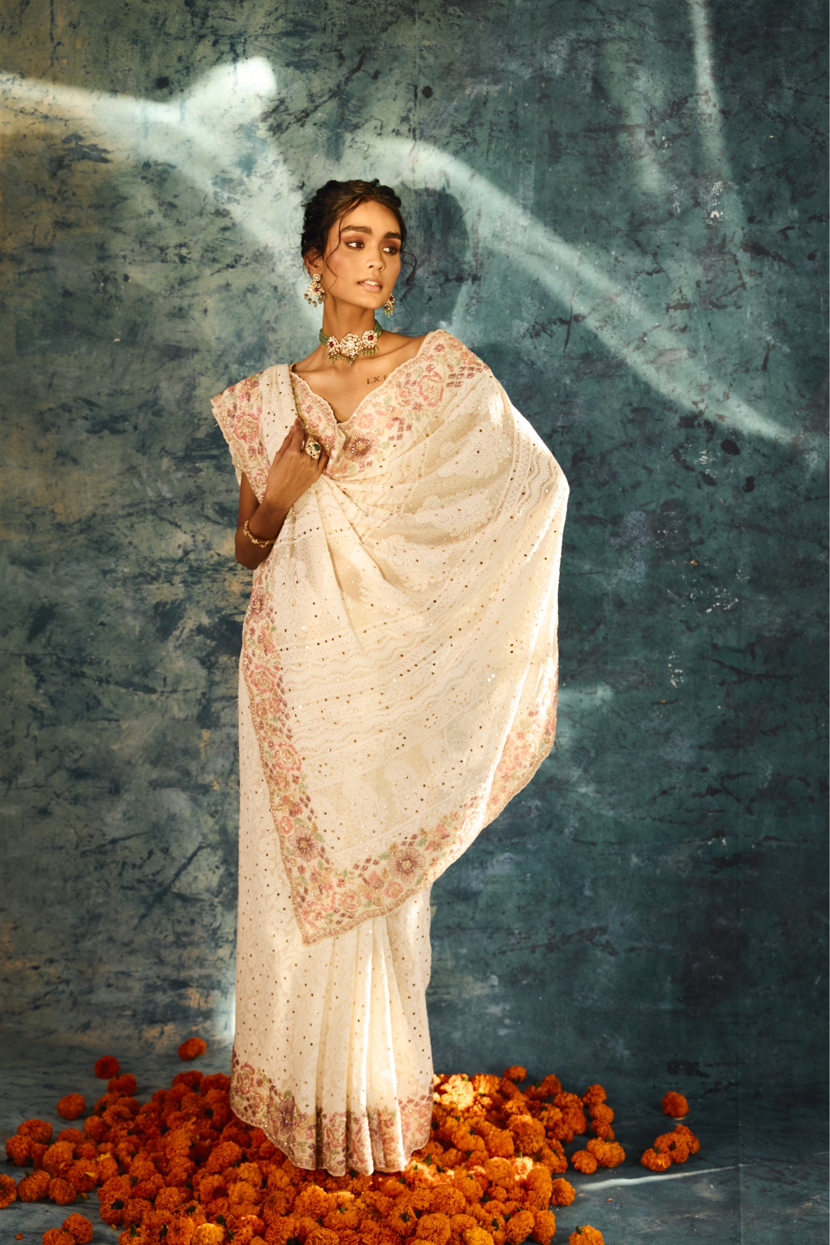 Buy Cream Georgette Saree Online - House of surya
