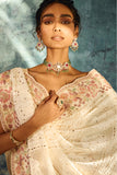 Cream Georgette Saree with Kantha and Full Cutdana Embroidery - Adira - House of Surya