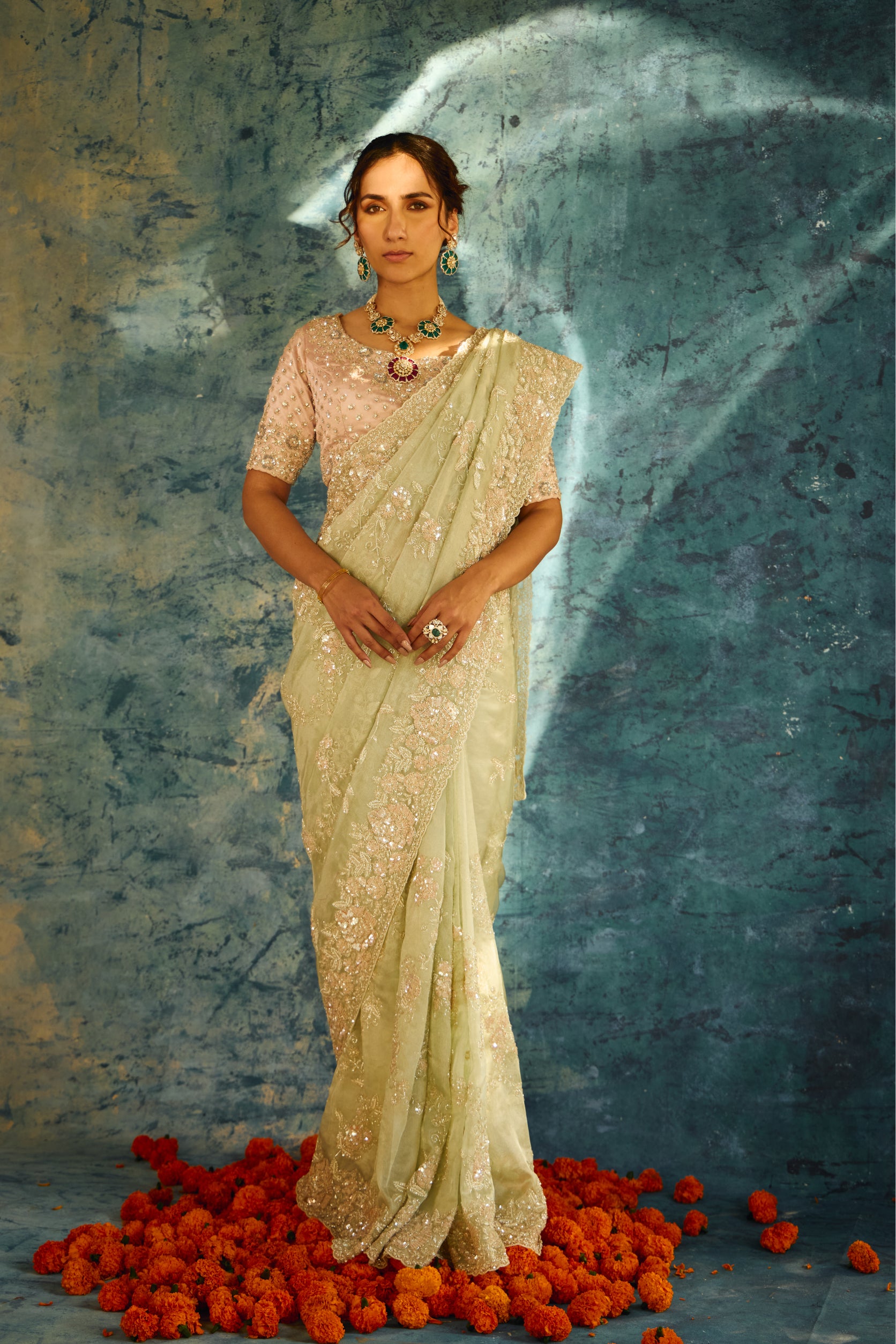 Pista Green Organza Saree with Full Sequence and Cutdana Work - Adira - House of Surya