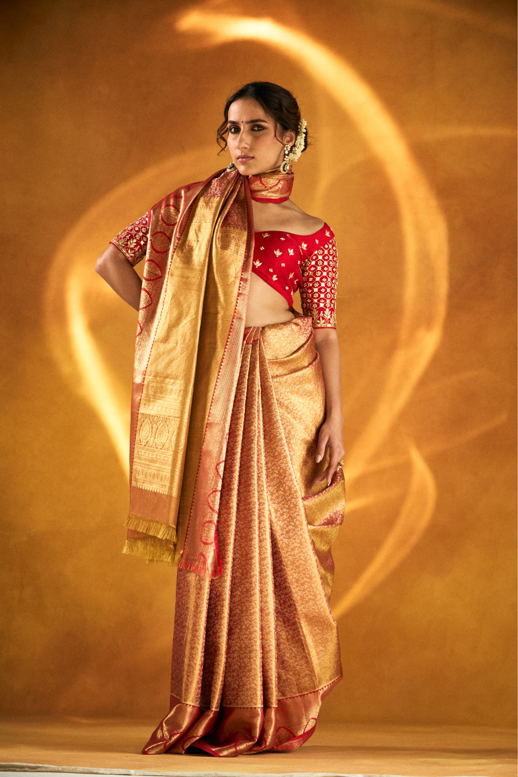 Golden Kanjivaram Silk Saree with Traditional Zari Embroidery - Adira - House of Surya