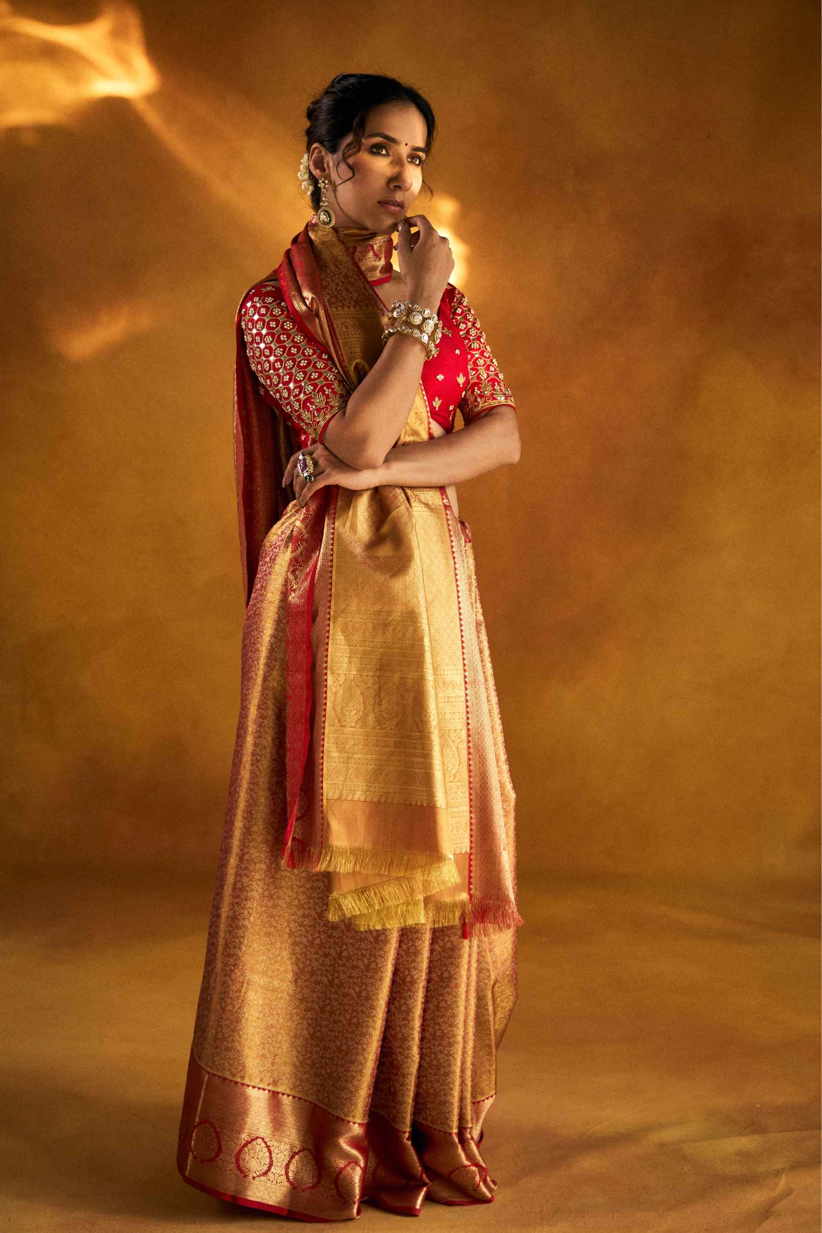 Golden Kanjivaram Silk Saree with Traditional Zari Embroidery - Adira - House of Surya