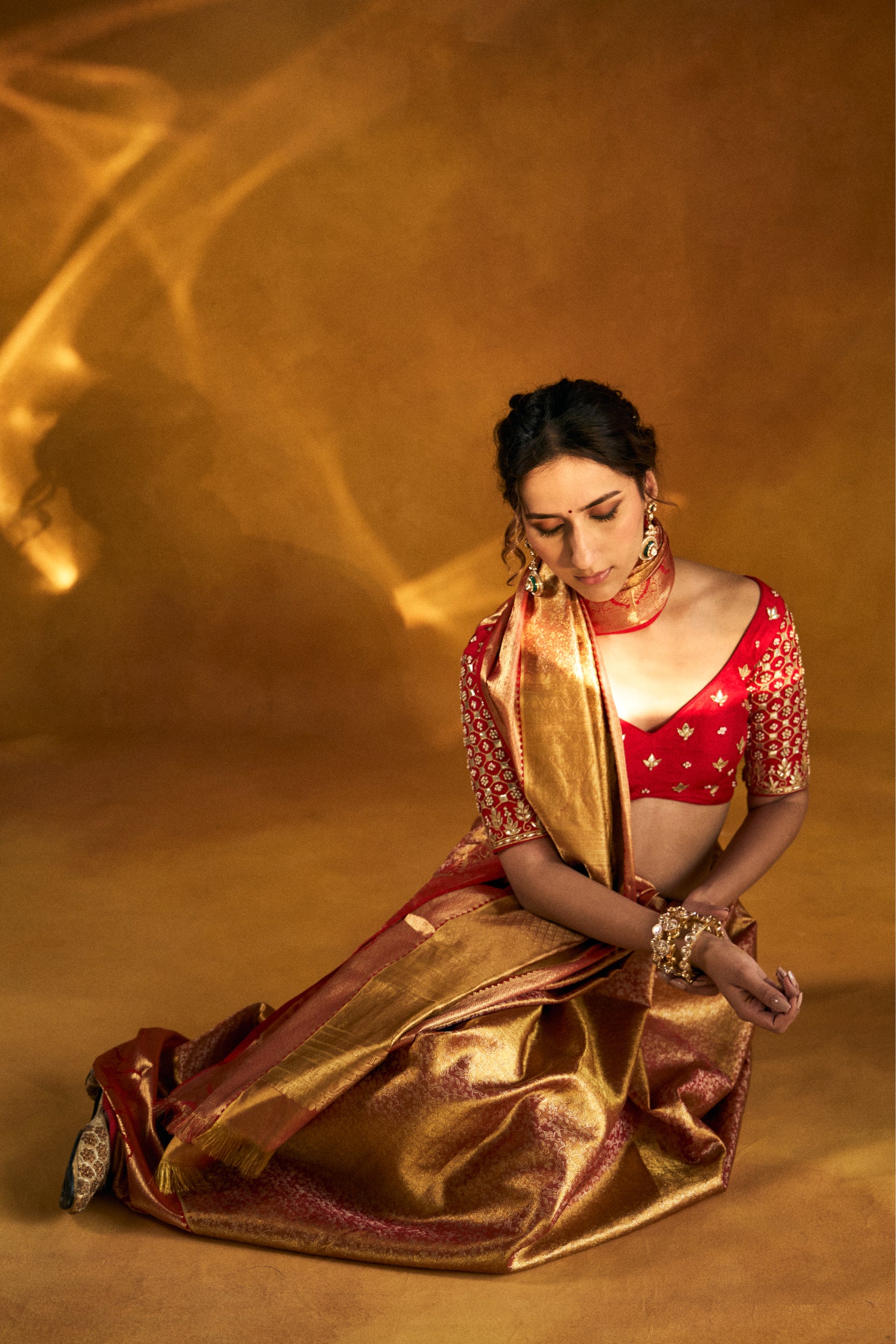 Golden Kanjivaram Silk Saree with Traditional Zari Embroidery - Adira - House of Surya