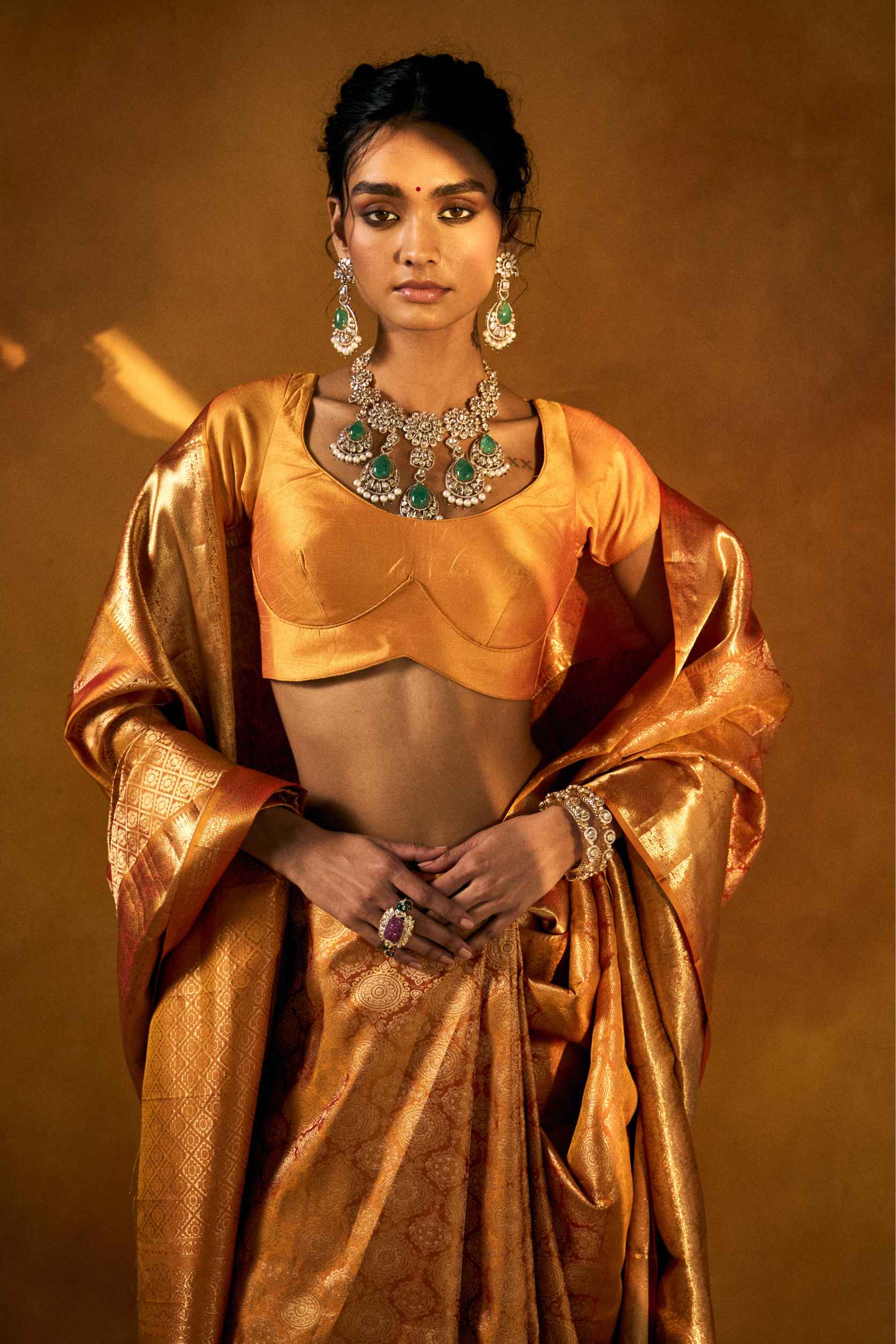 Golden Kanjivaram Silk Saree - House of Surya