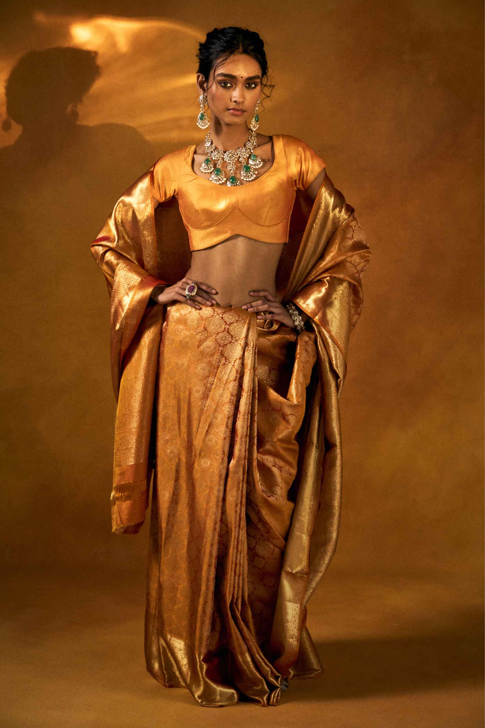 Golden Kanjivaram Silk Saree - House of Surya