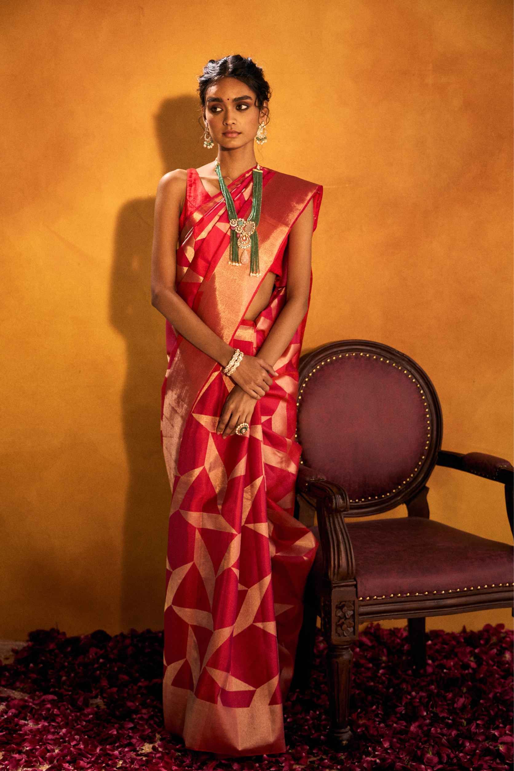 Coral Pink Tissue Organza Saree with Zardozi and Gota Patti Work - Adira - House of Surya