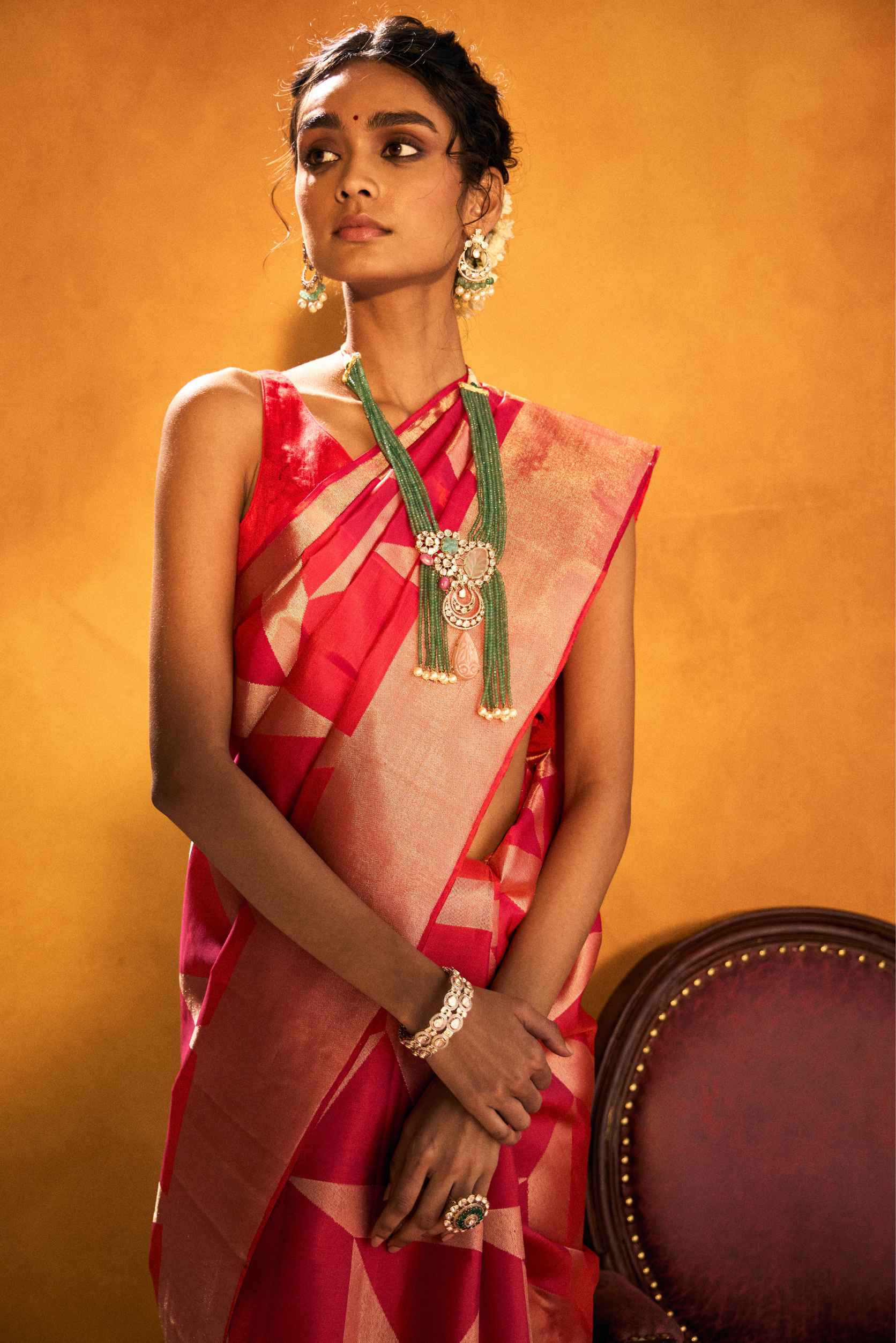 Coral Pink Tissue Organza Saree with Zardozi and Gota Patti Work - Adira - House of Surya