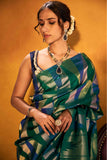 Green and Blue Kanjivaram Silk Saree with Classic Zari Weaving - Adira - House of Surya