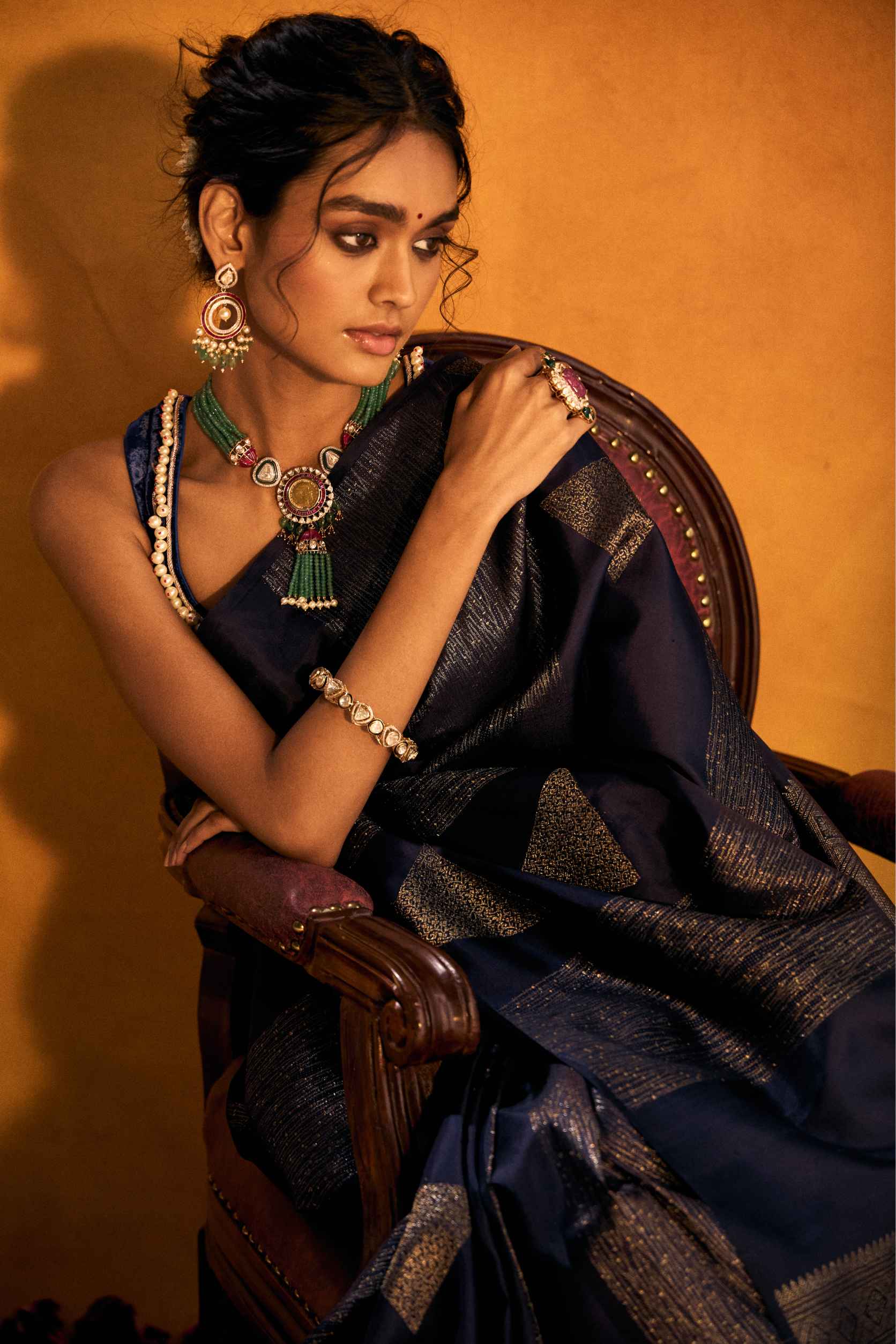 Navy Blue Kanjivaram Silk Saree with Elegant Zari Embroidery - Adira - House of Surya