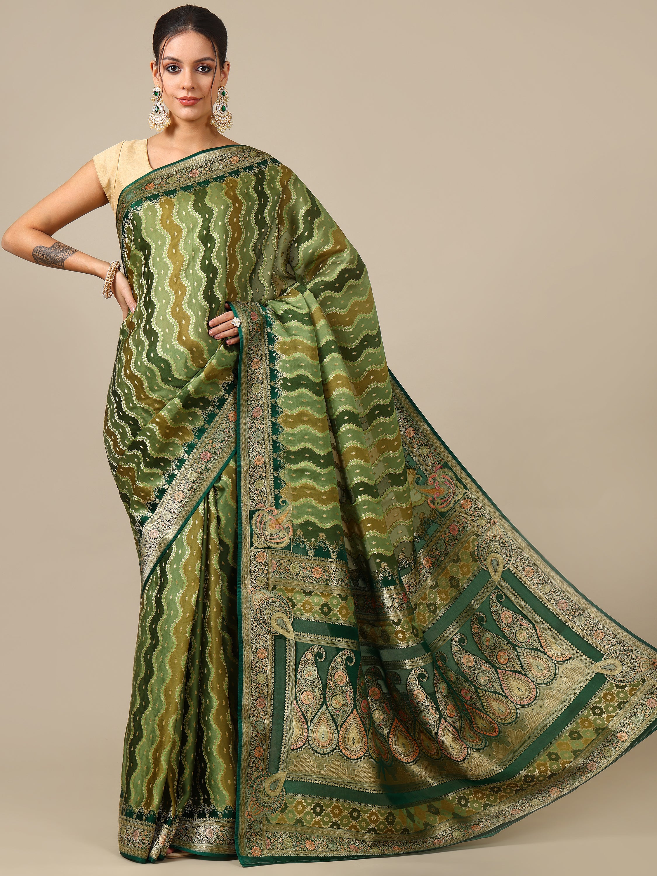 Mehandi Green Satin Organza Saree - House of Surya