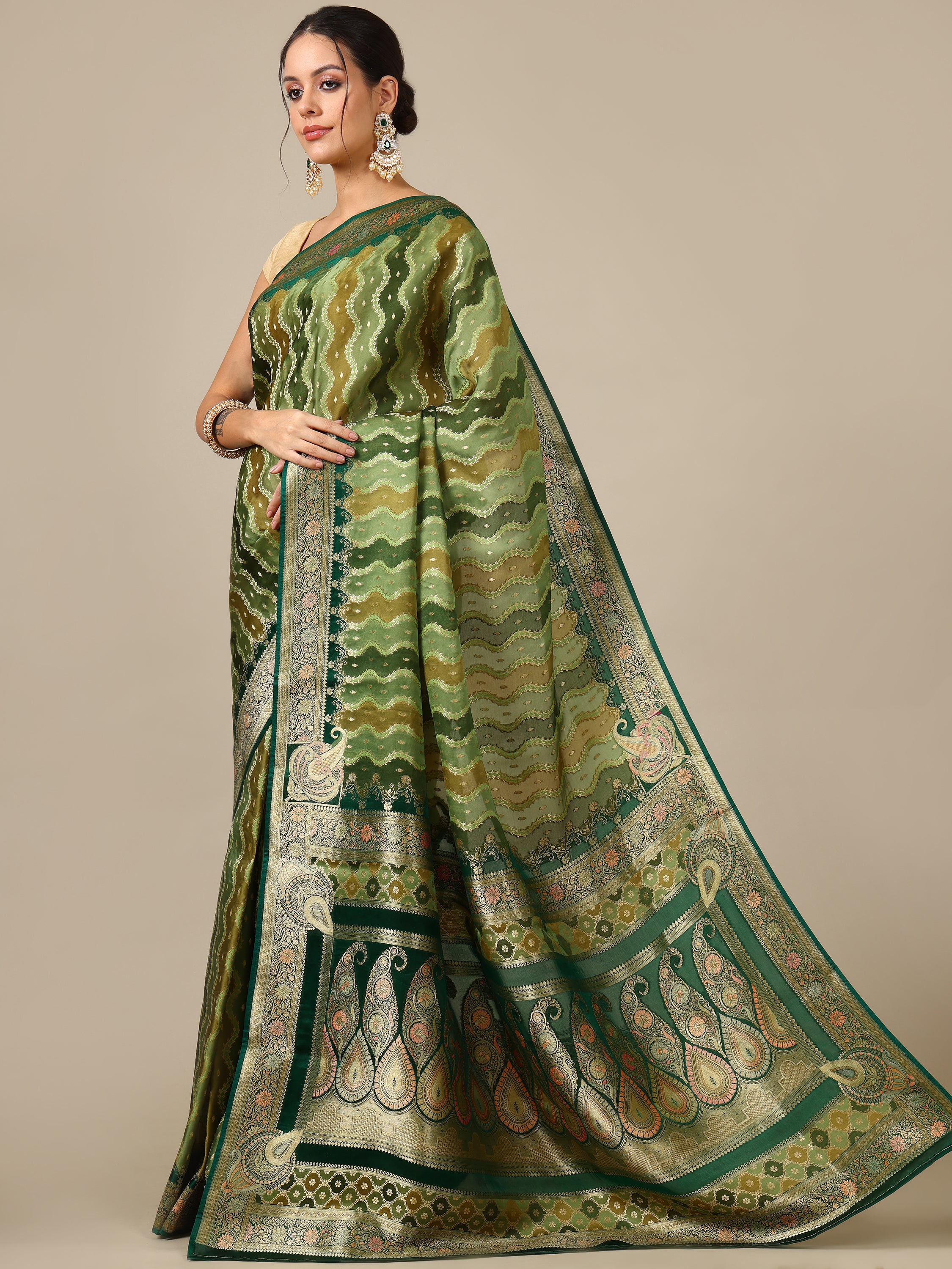 Mehandi Green Satin Organza Saree - House of Surya