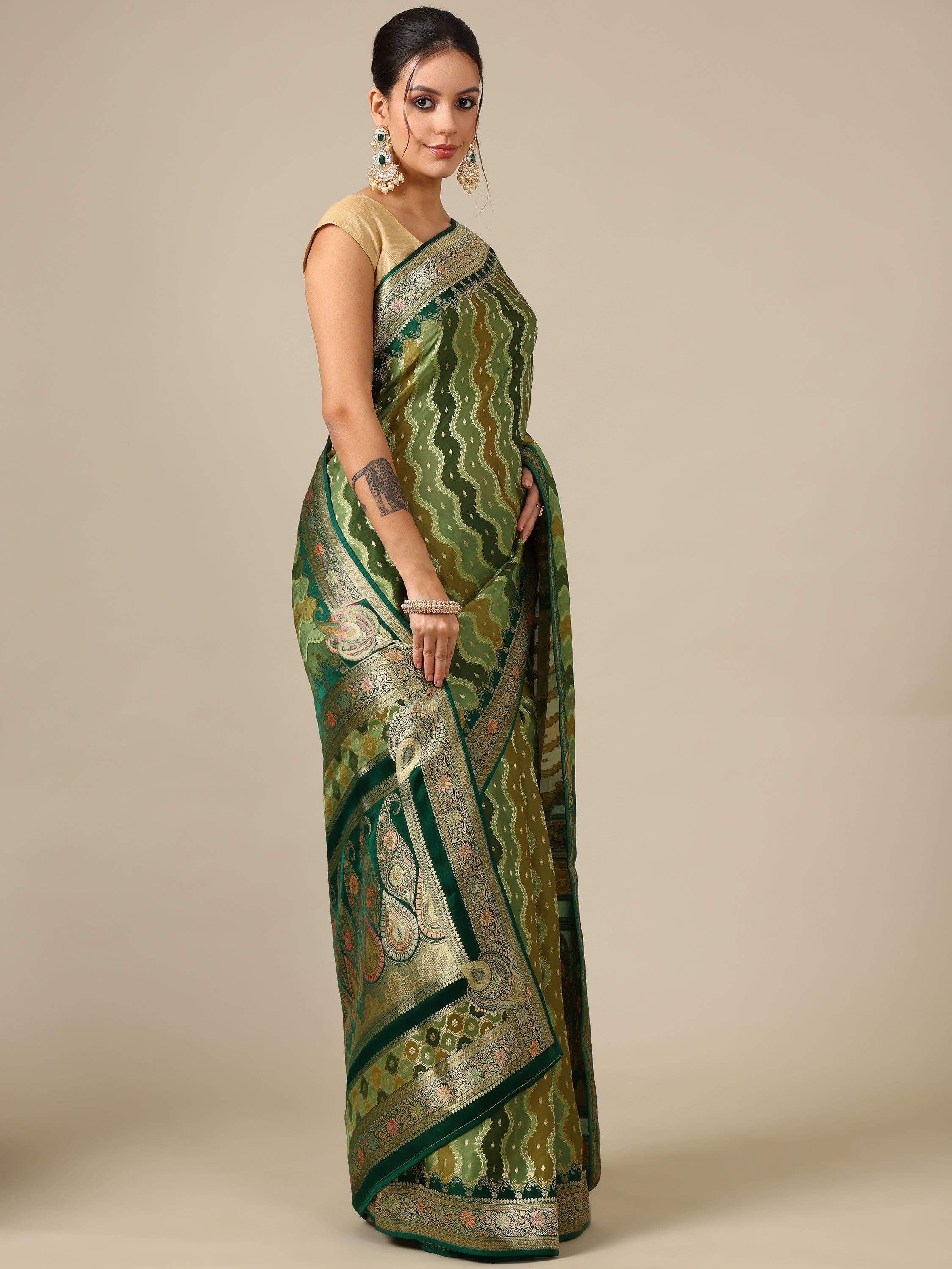 Mehandi Green Satin Organza Saree - House of Surya