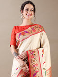 Heritage Weave Ivory and Red Silk SAREE - House of Surya