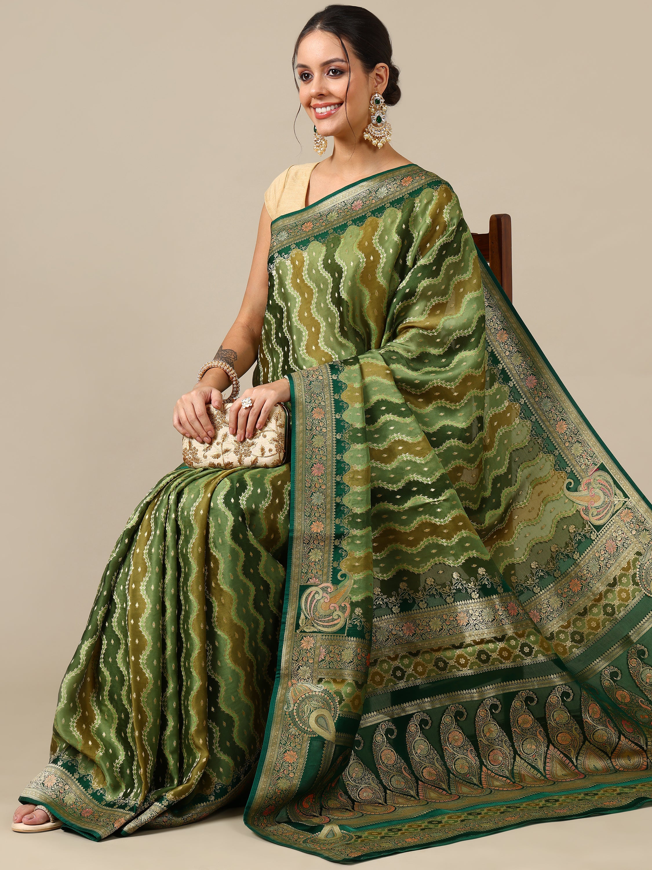 Mehandi Green Satin Organza Saree - House of Surya
