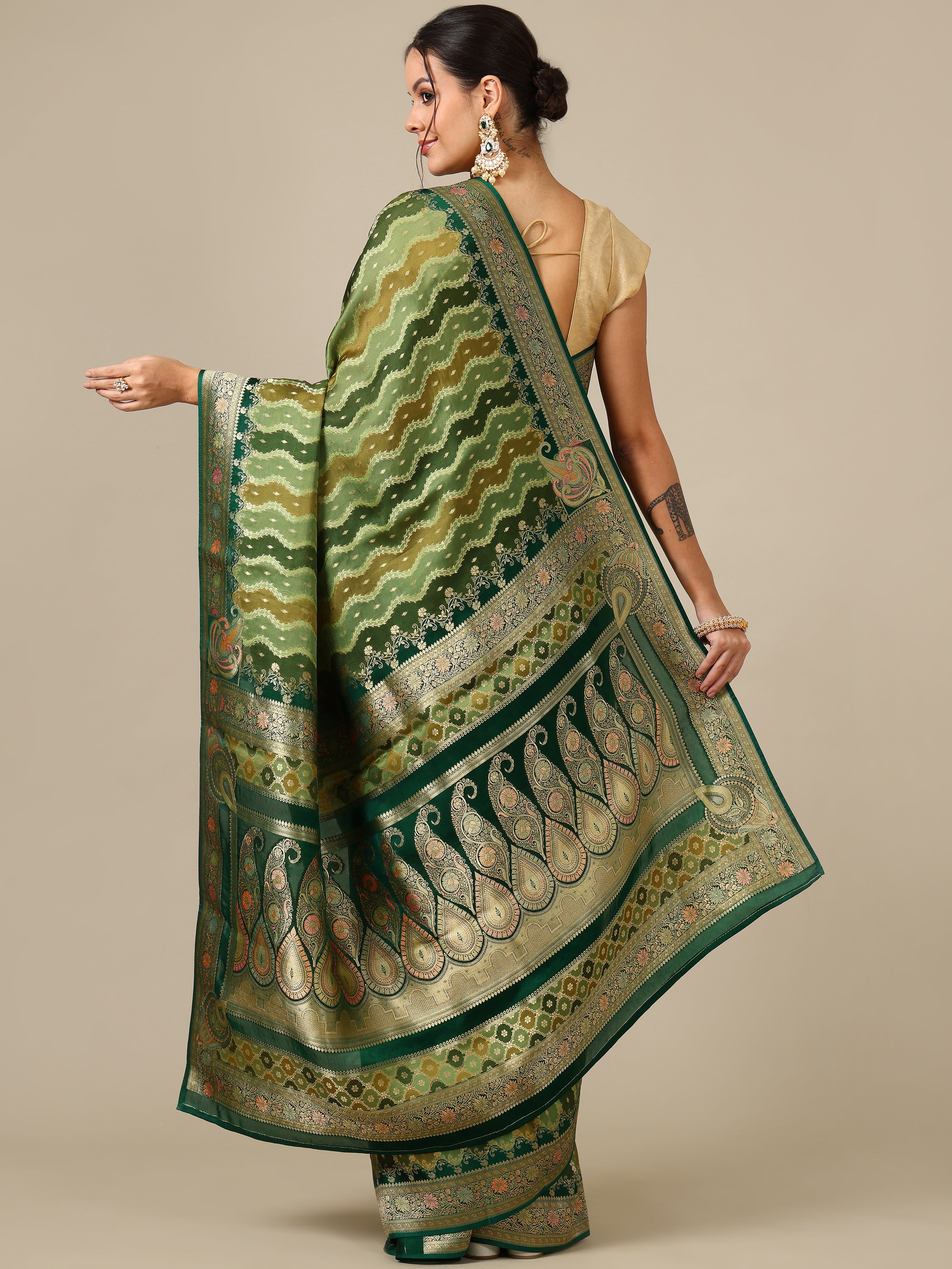Mehandi Green Satin Organza Saree - House of Surya