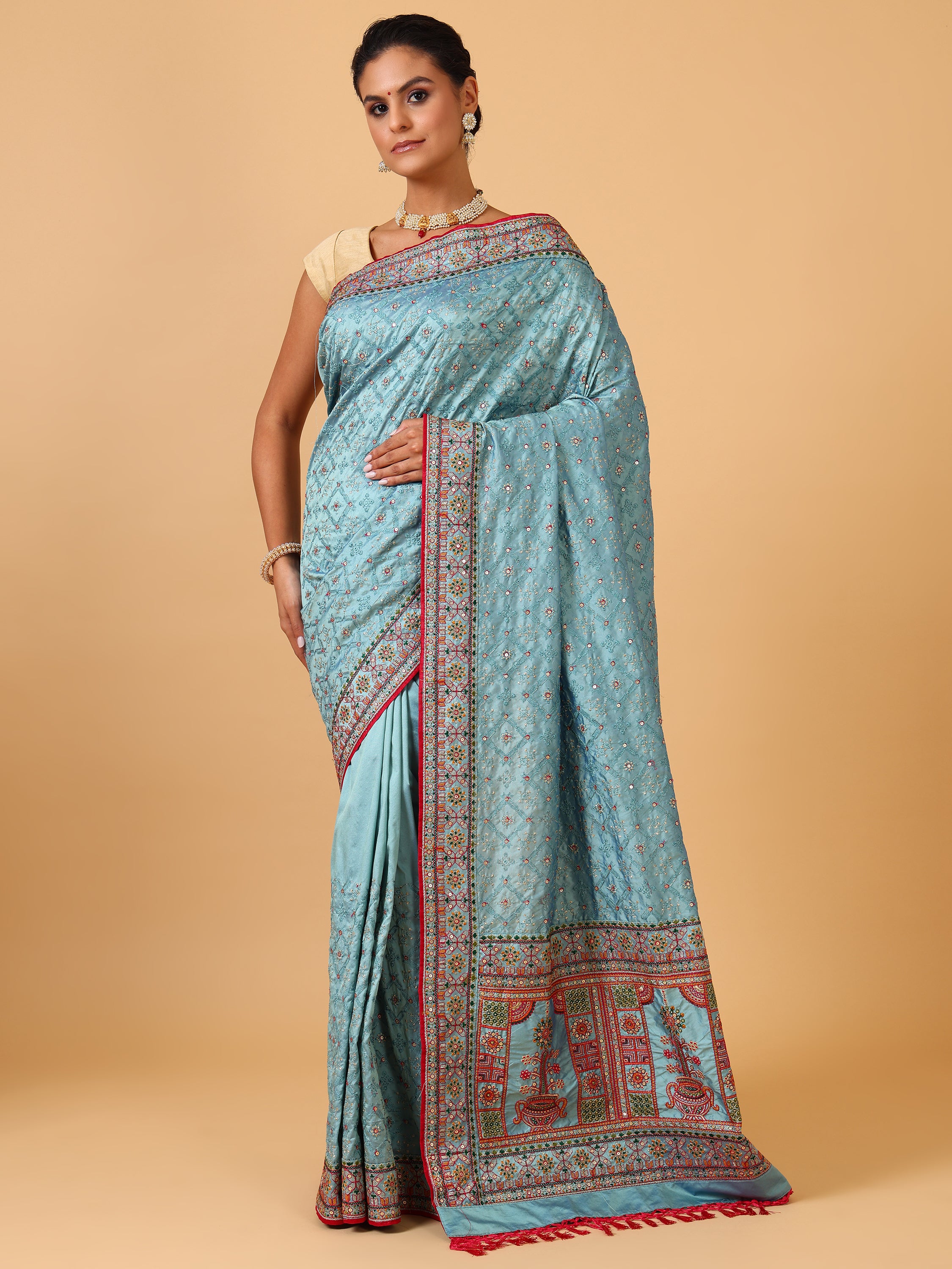 Sky Blue Resham & Sequin Silk Saree - House of Surya