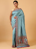 Sky Blue Resham & Sequin Silk Saree - House of Surya