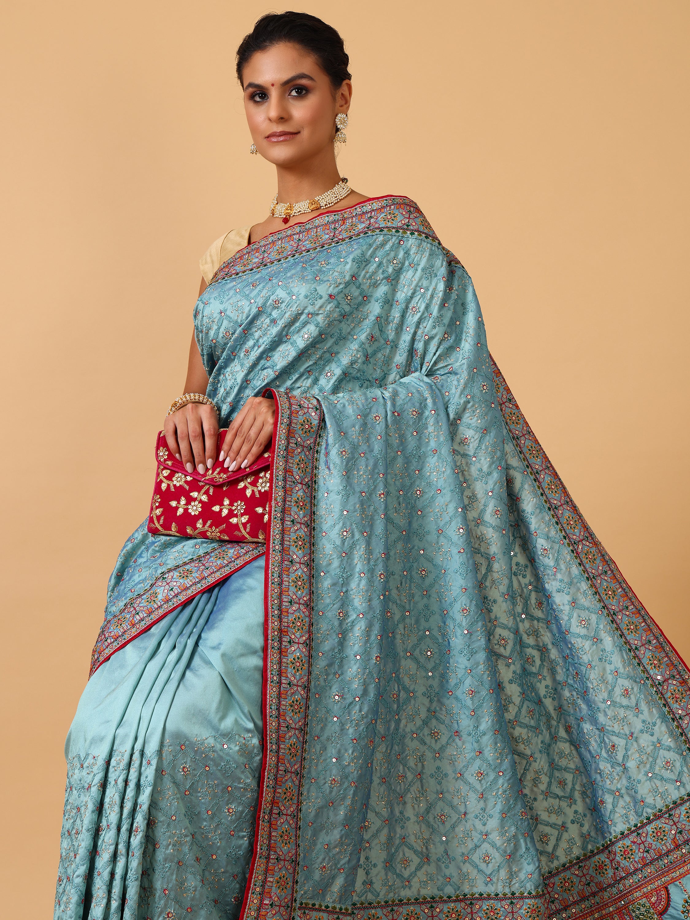 Sky Blue Resham & Sequin Silk Saree - House of Surya