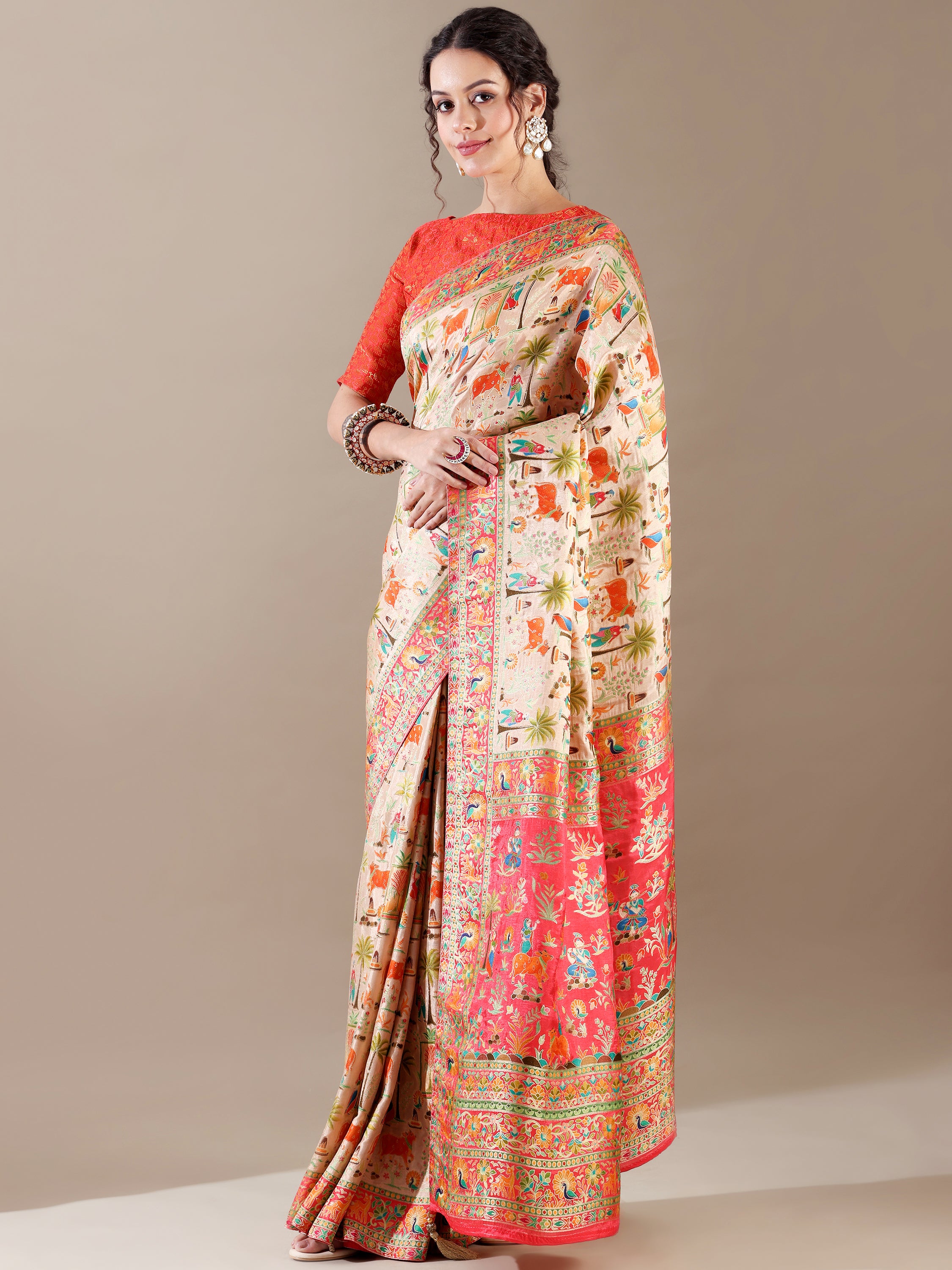 Dola Silk Weave SAREE in Ivory and Red - House of Surya